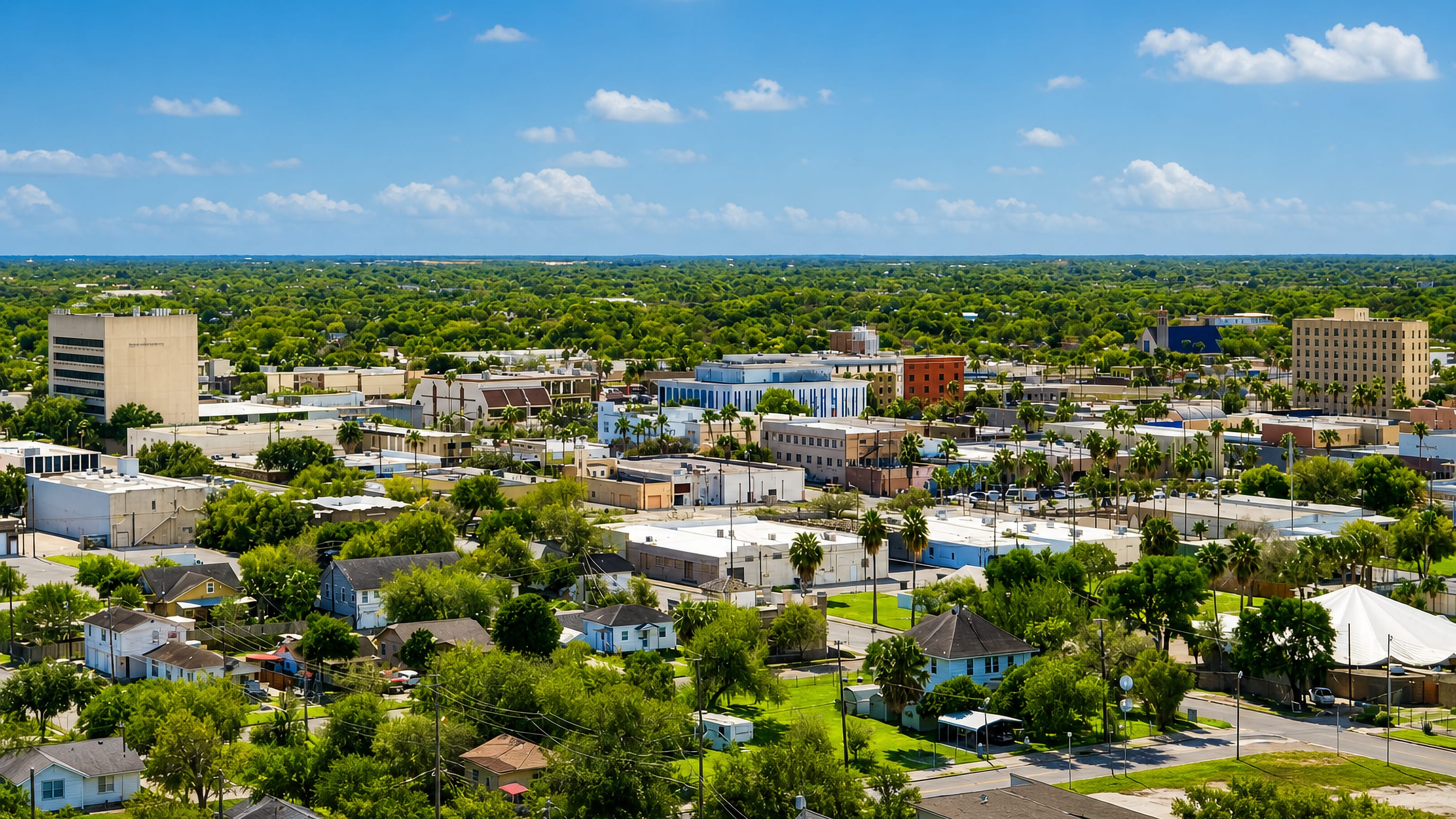 Elevated view over Harlingen, Texas, with palm-lined streets, low downtown blocks and green suburbs beyond.