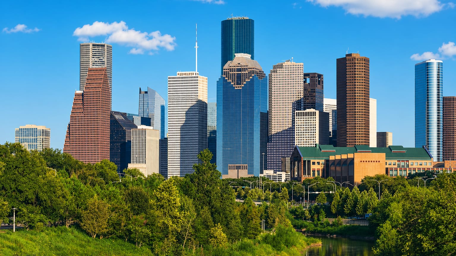 Houston downtown towers above Buffalo Bayou greenery on a sunny day