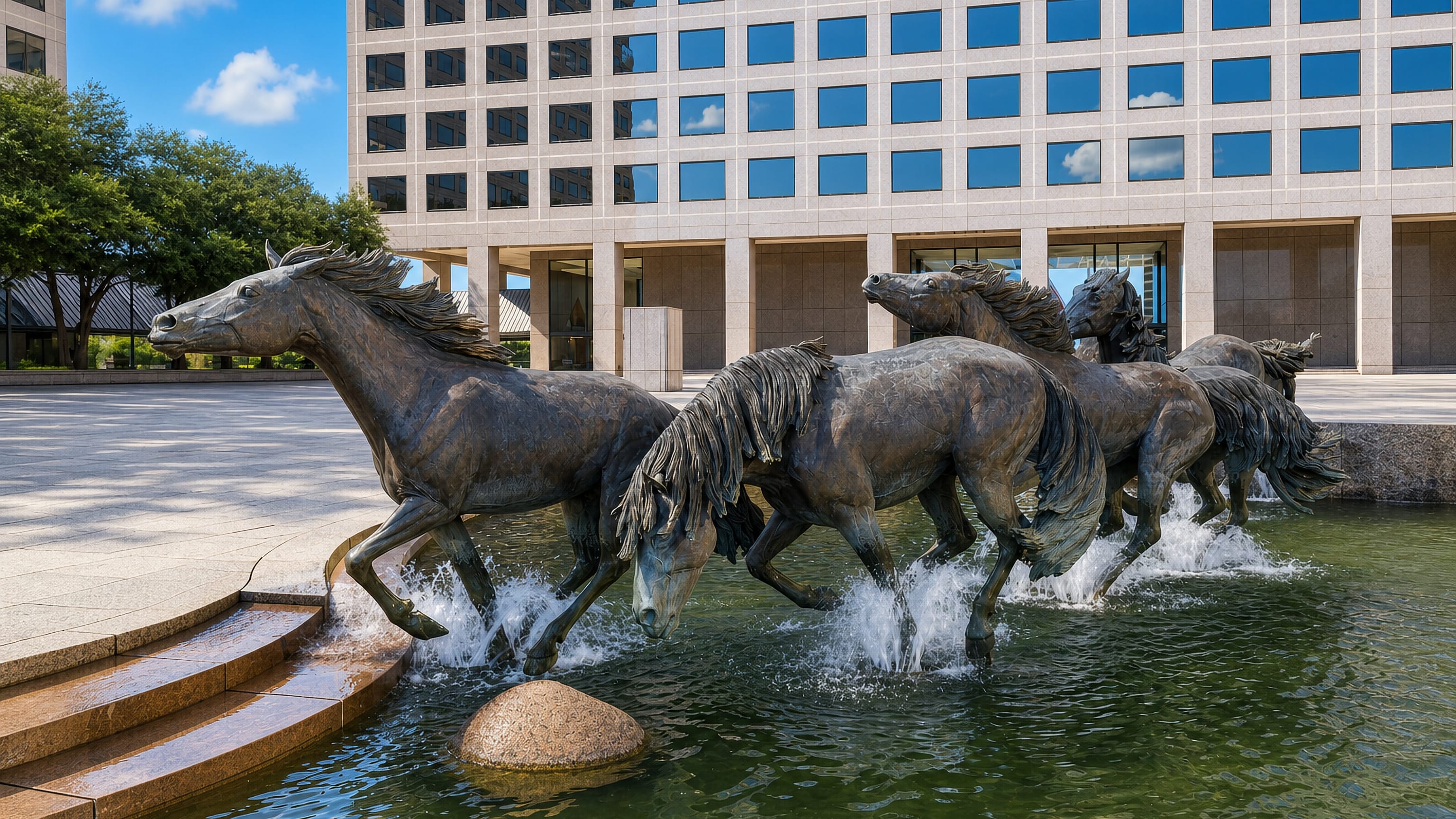 Bronze mustang sculptures galloping through the fountain at Williams Square in Las Colinas, Irving, Texas.