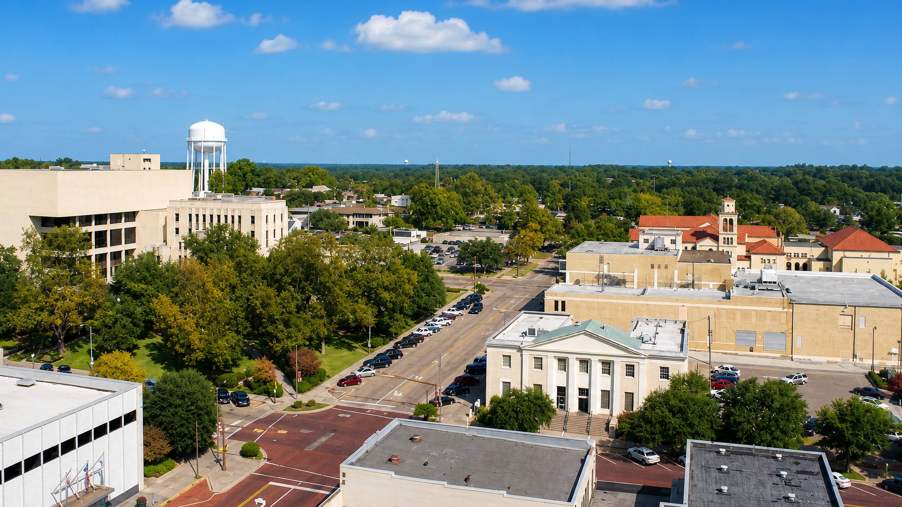 Aerial view of downtown Longview, Texas, with its water tower, columned bank building and red-brick streets