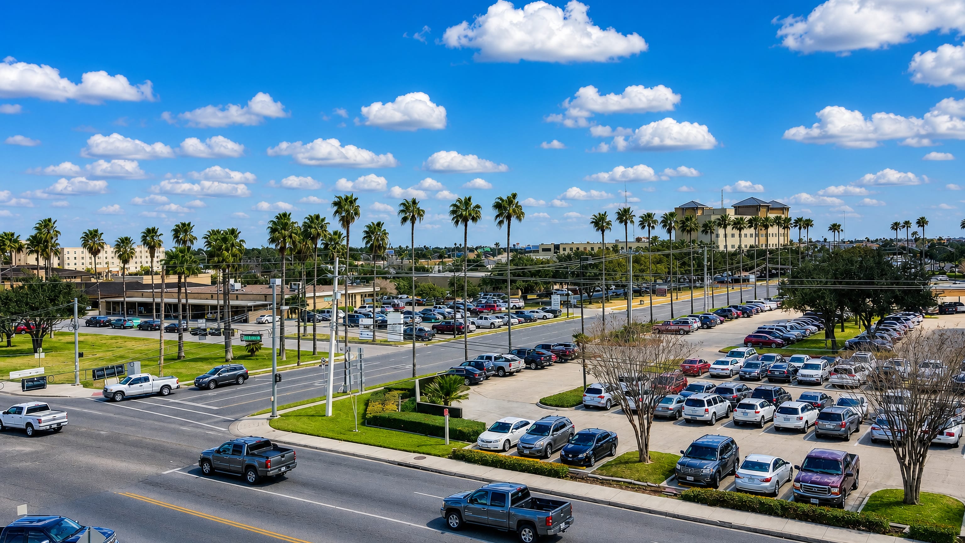 Palm-lined boulevard and parking lots under blue sky in McAllen, Texas.
