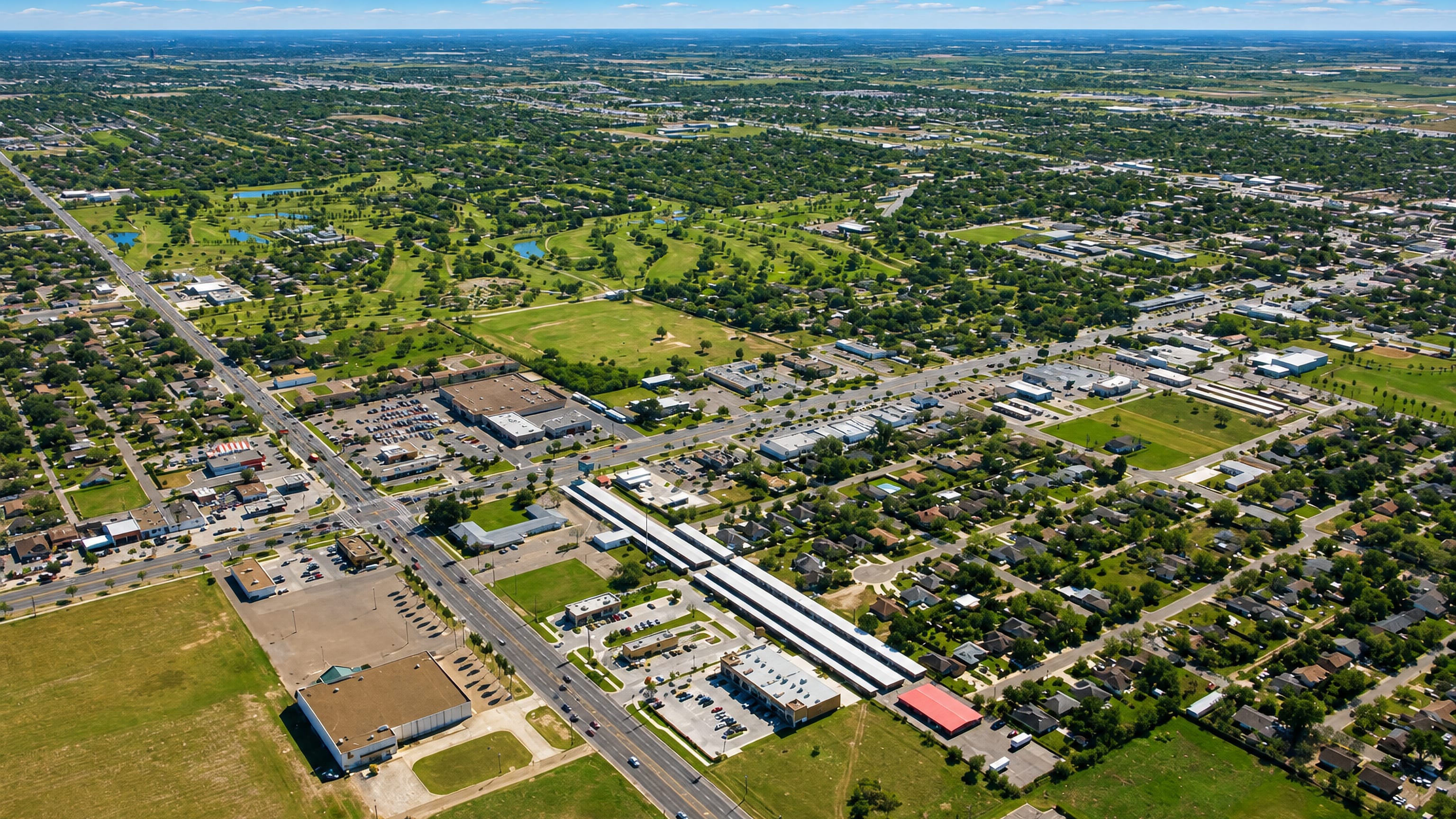 Aerial view of Mission, Texas, showing its golf course, subdivisions and boulevard strip malls