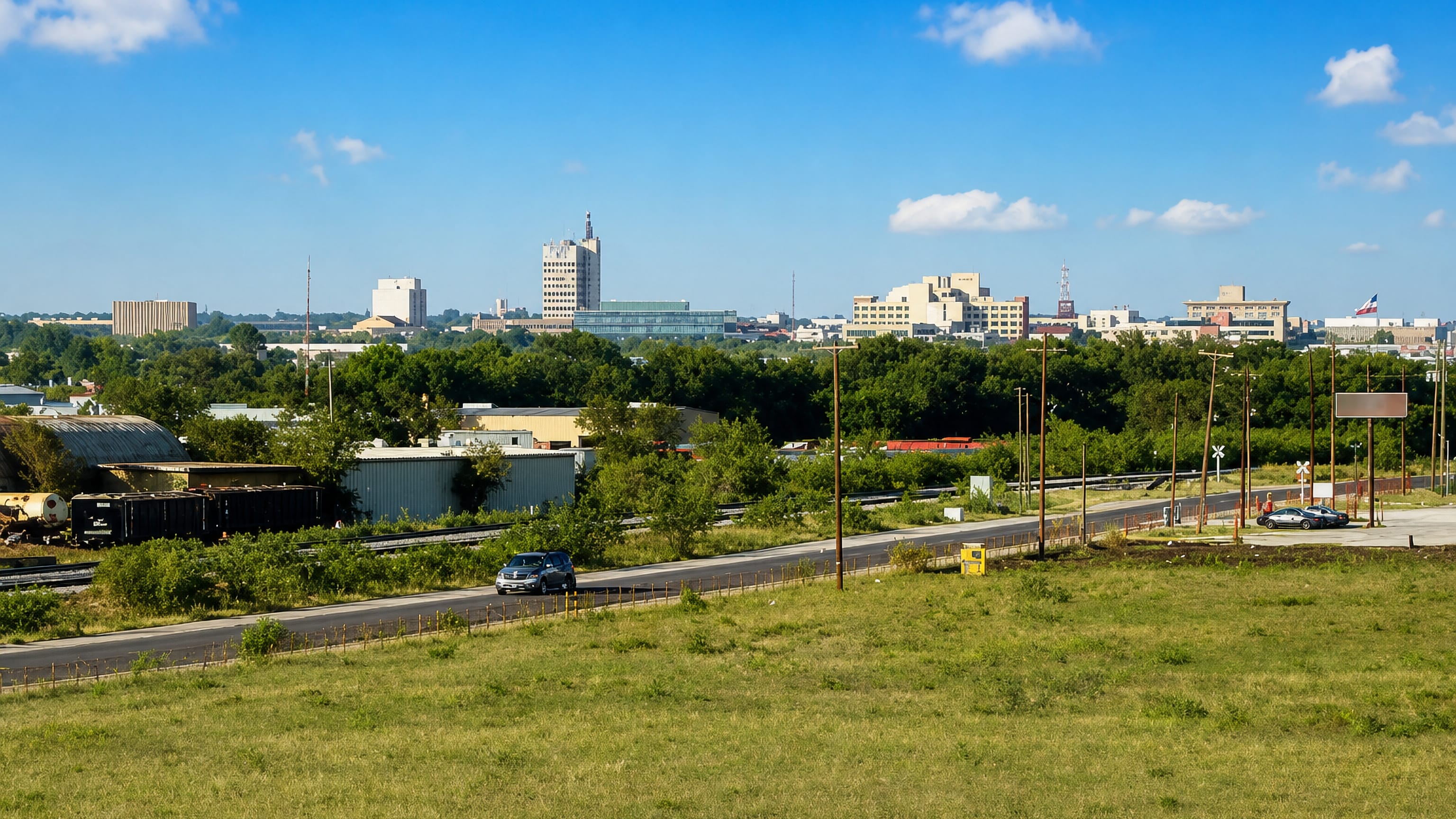 Odessa, Texas, seen across open prairie and rail yards, its low downtown towers rising on the flat West Texas horizon