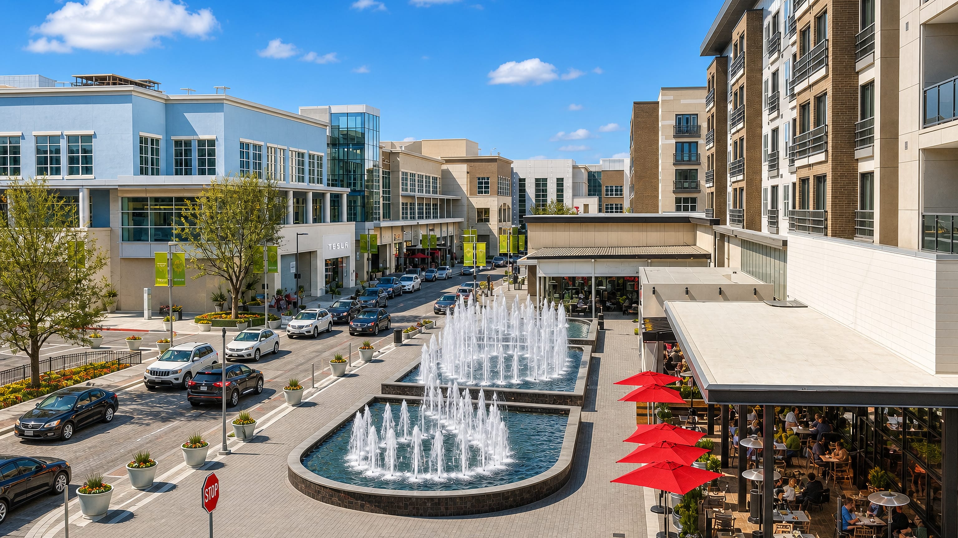 Fountain plaza lined with shops and outdoor dining at Plano's Legacy West district in Texas.