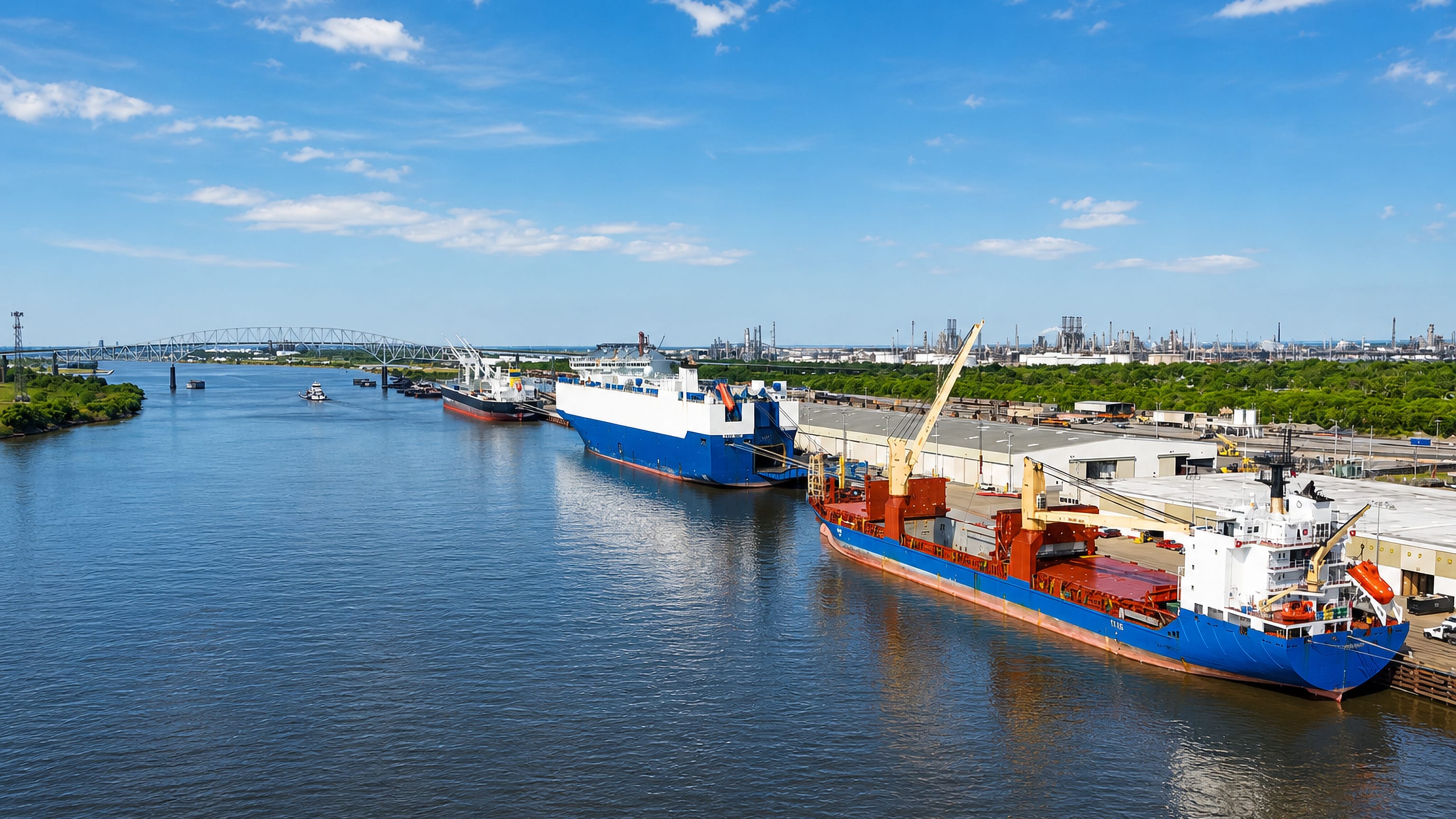Cargo ships berthed on the Neches River at Port Arthur, Texas, with refinery stacks and a truss bridge behind.
