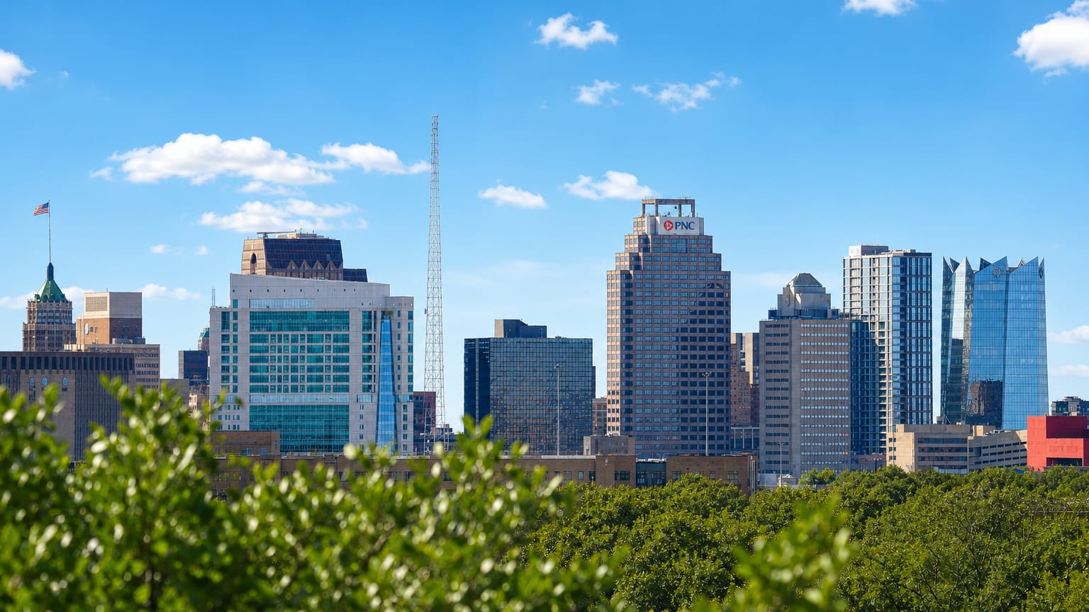 San Antonio skyline with the green-domed Tower Life Building and PNC tower rising above a leafy tree canopy
