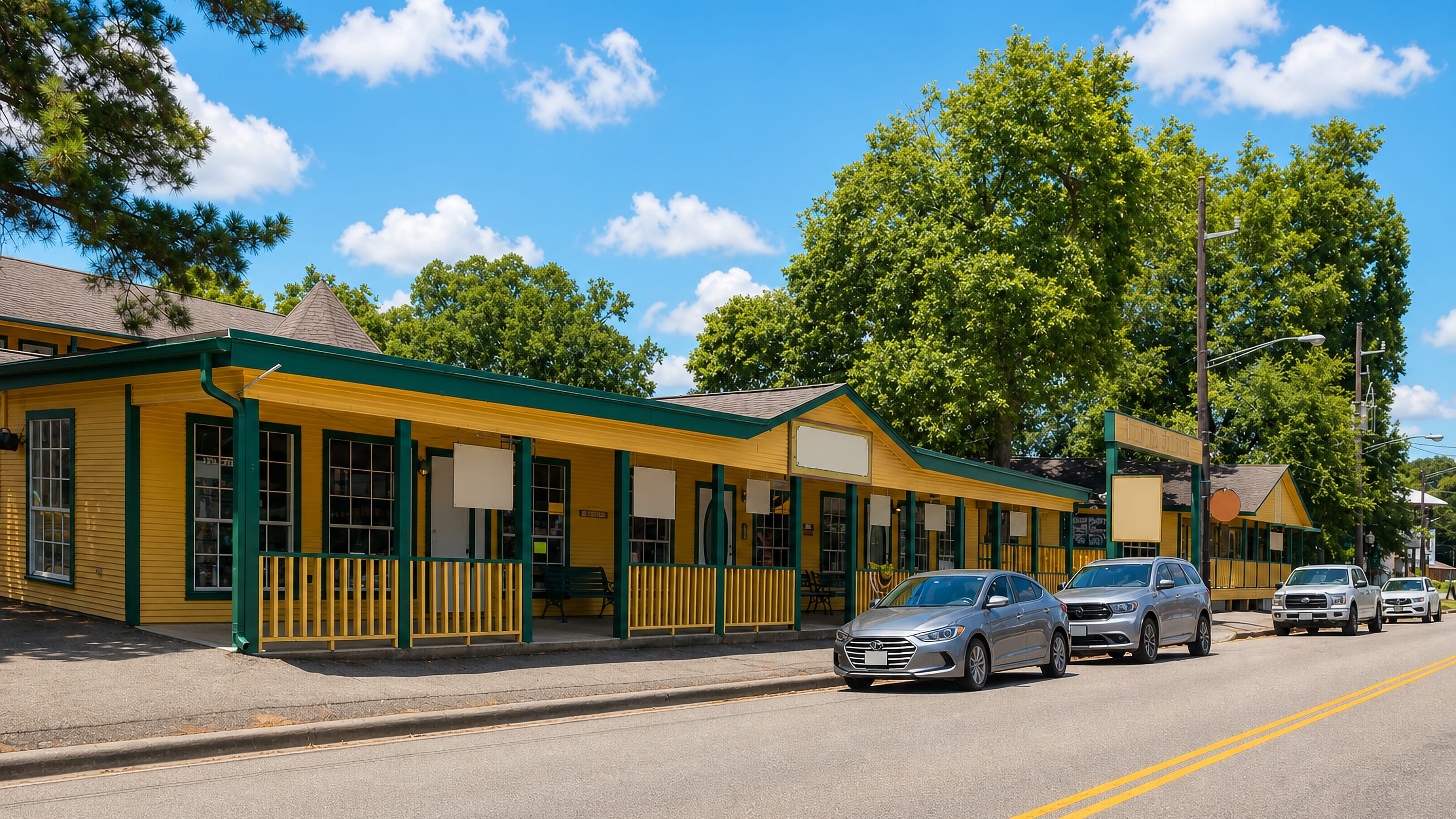 Yellow and green wooden shopfronts with covered porches along a street in Old Town Spring, Texas.