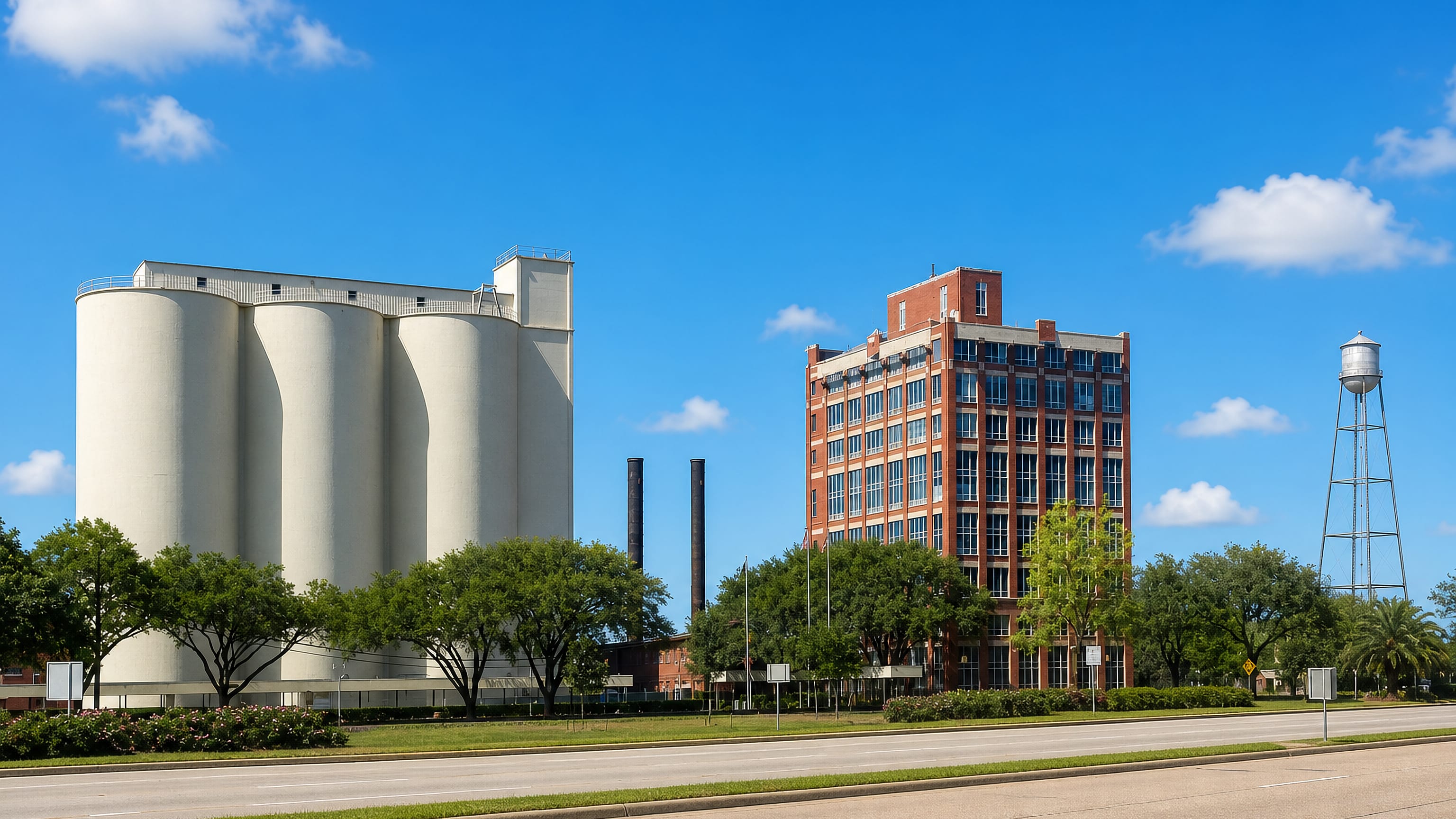 The Imperial Sugar refinery silos, brick char house and water tower along a boulevard in Sugar Land, Texas