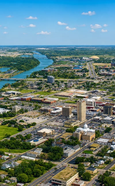 Aerial view of Waco, Texas, with the ALICO tower, county courthouse dome and the Brazos River through downtown.