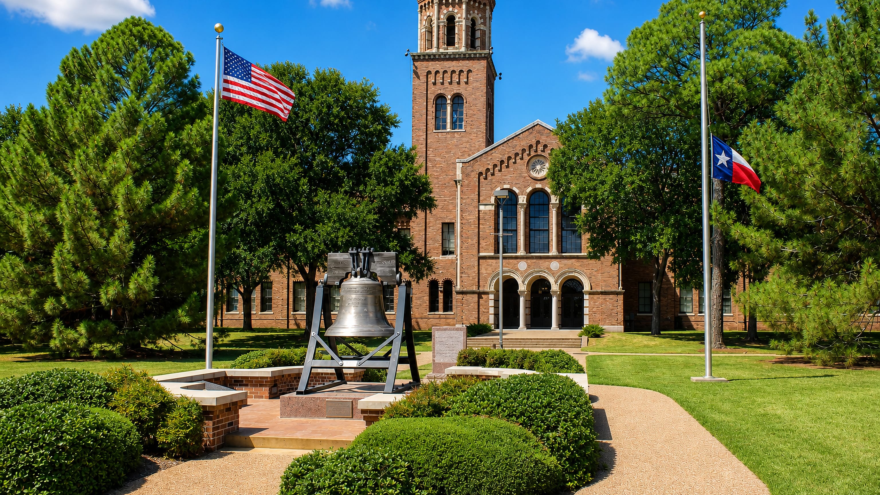 Brick civic auditorium with a bell tower in Wichita Falls, Texas, fronted by US and Texas flags and a bell replica