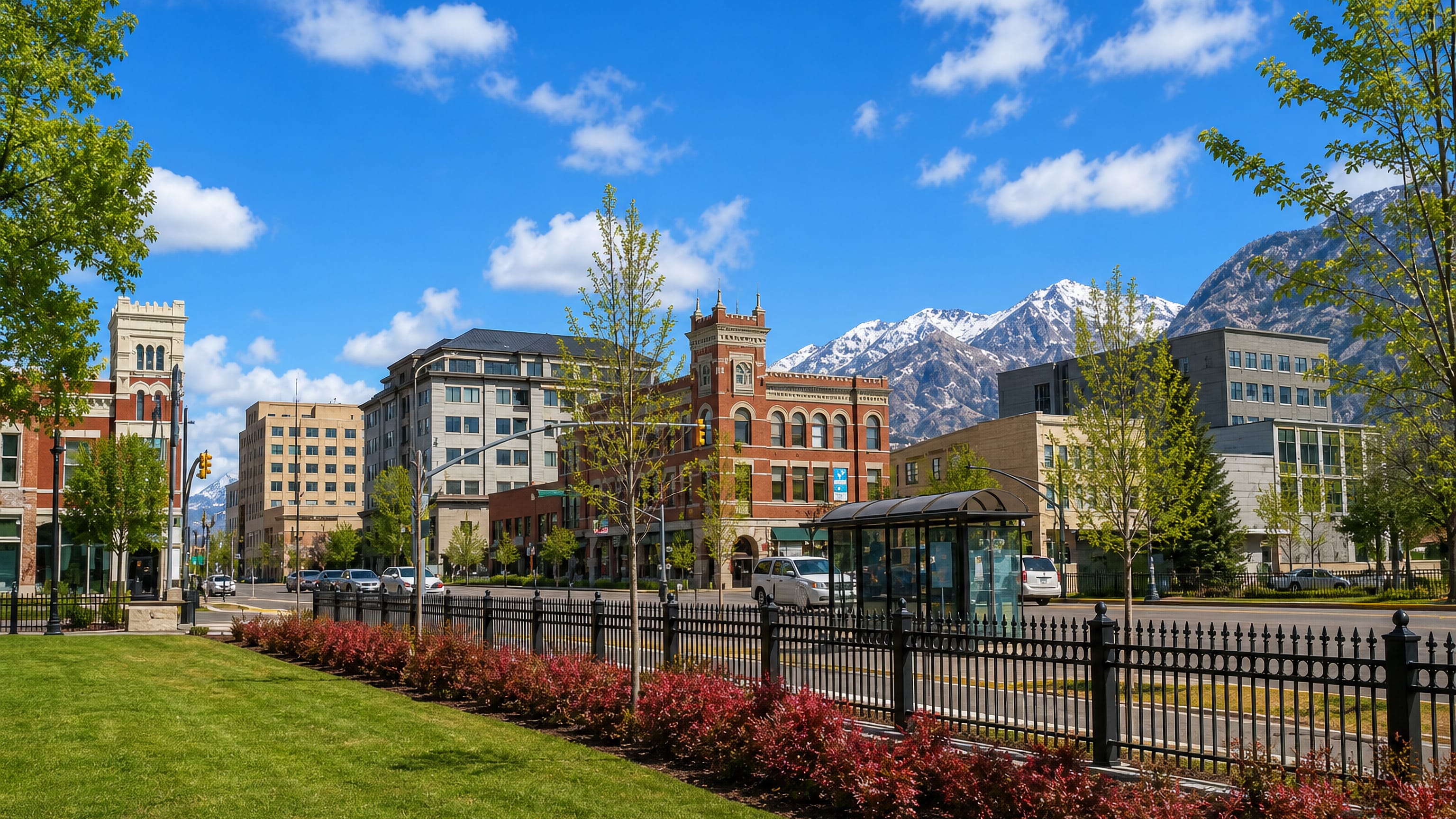 Provo's downtown Center Street block of historic red-brick facades below the snow-capped Wasatch Range.