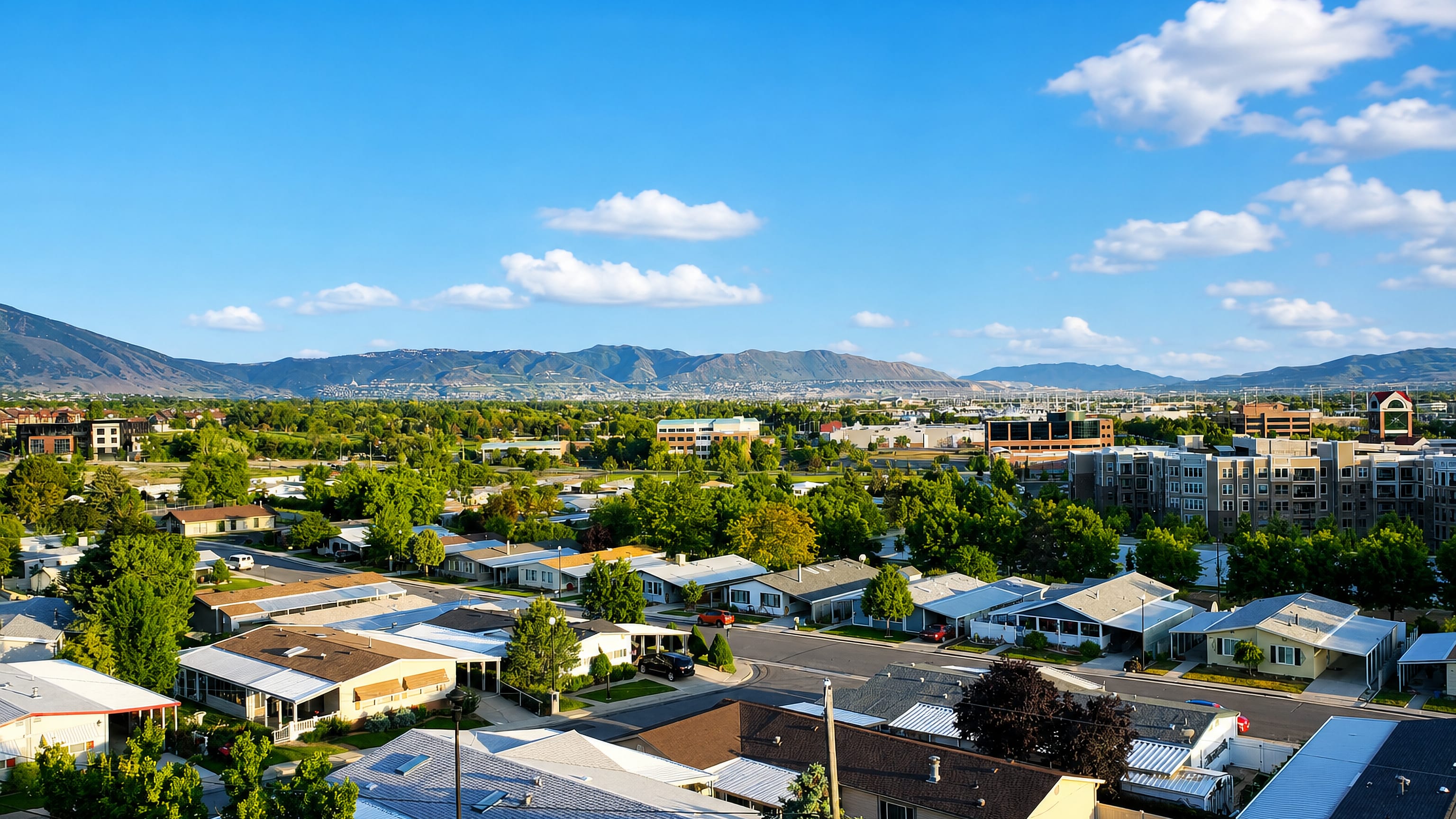 Tree-lined suburban streets of Sandy, Utah, with the Wasatch range across the Salt Lake Valley.