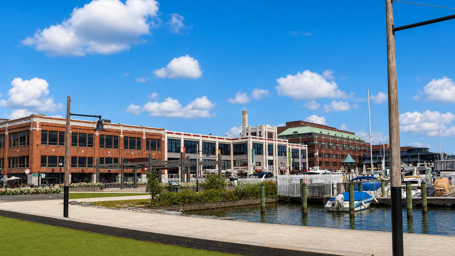 Alexandria, Virginia, Old Town waterfront with brick buildings, a marina and boats along the Potomac River.