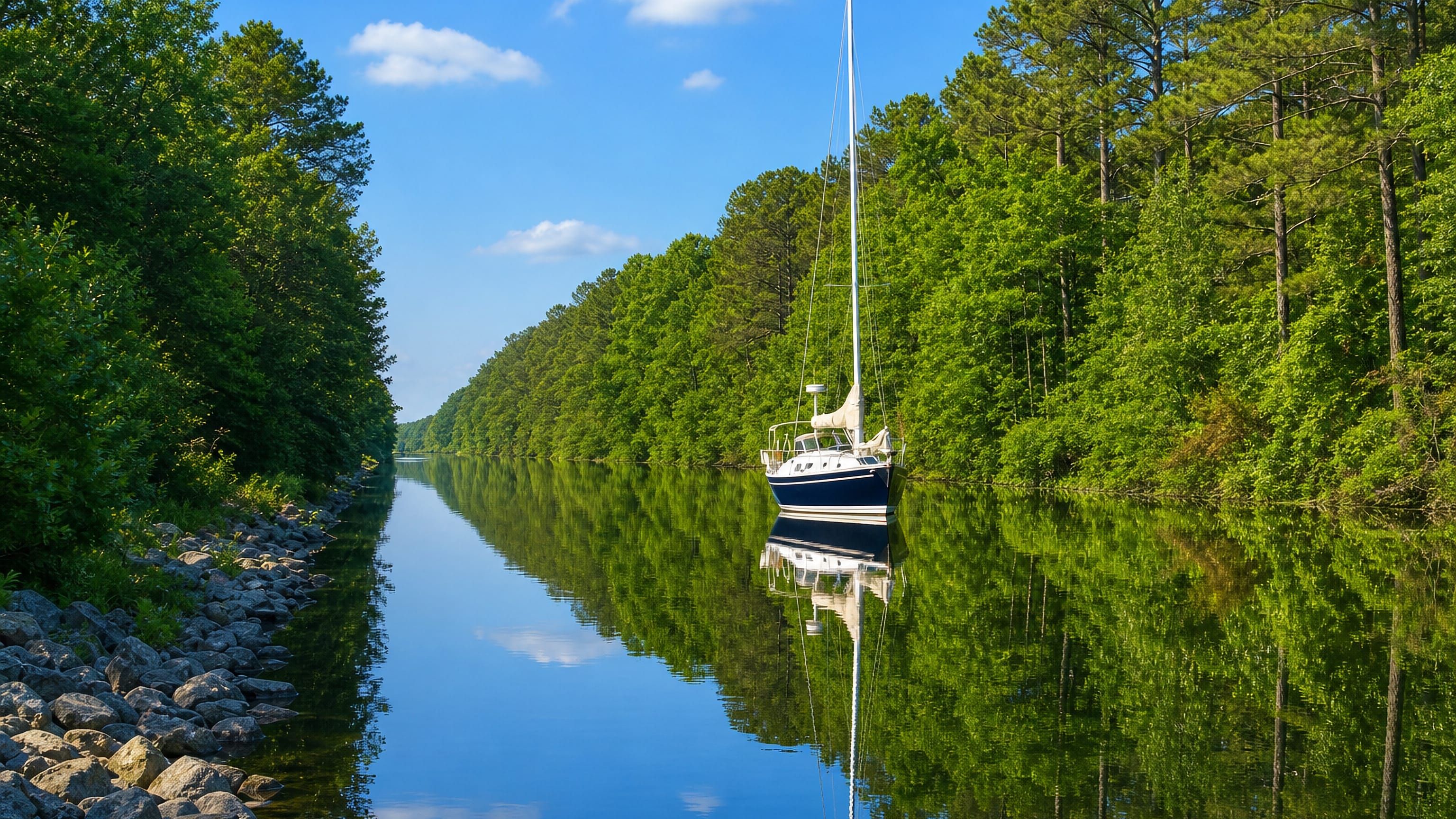 A sailboat on the tree-lined Dismal Swamp Canal waterway through Chesapeake, Virginia.