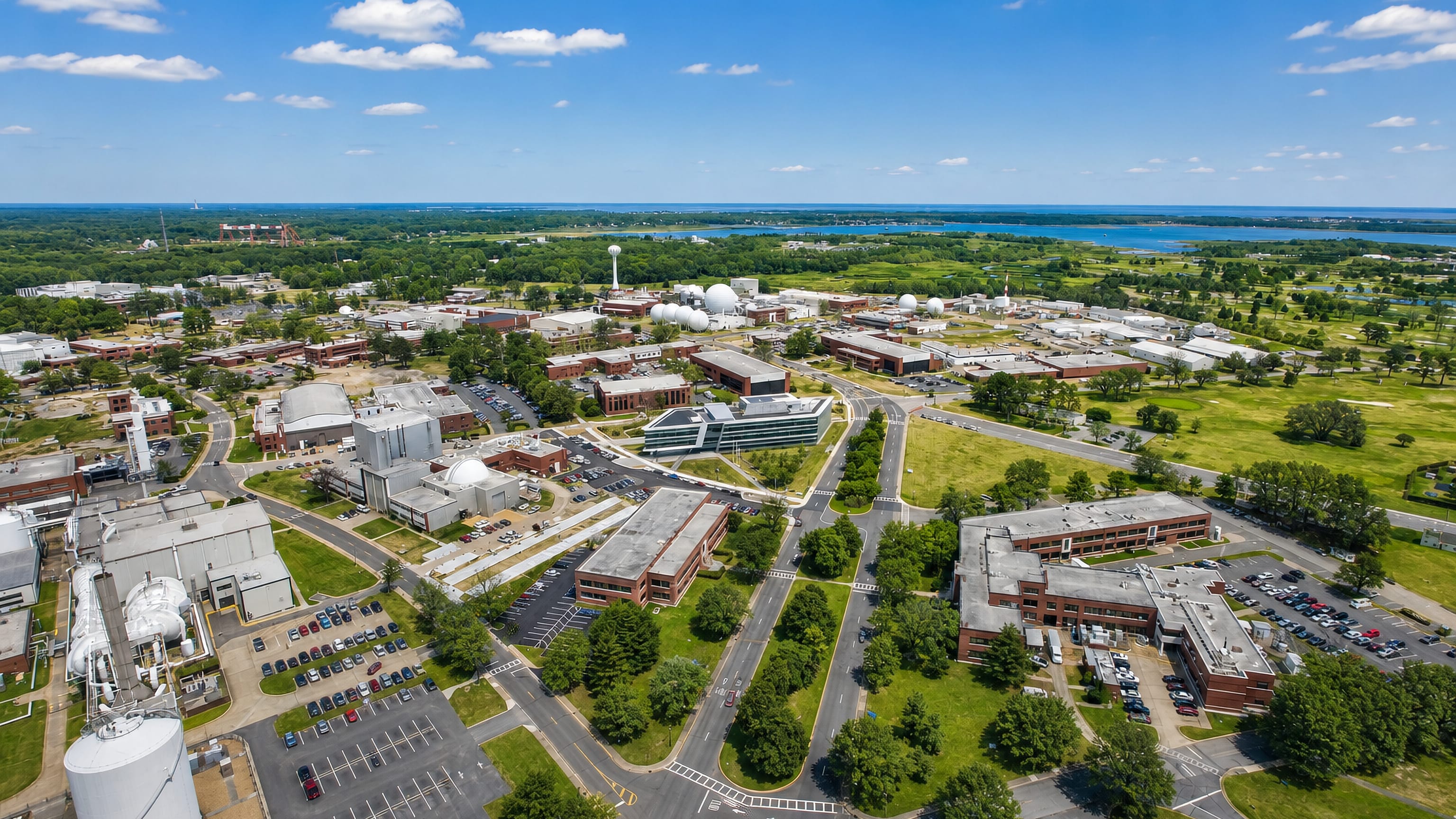 Aerial view over the NASA Langley research campus in Hampton, Virginia, with the Back River beyond.