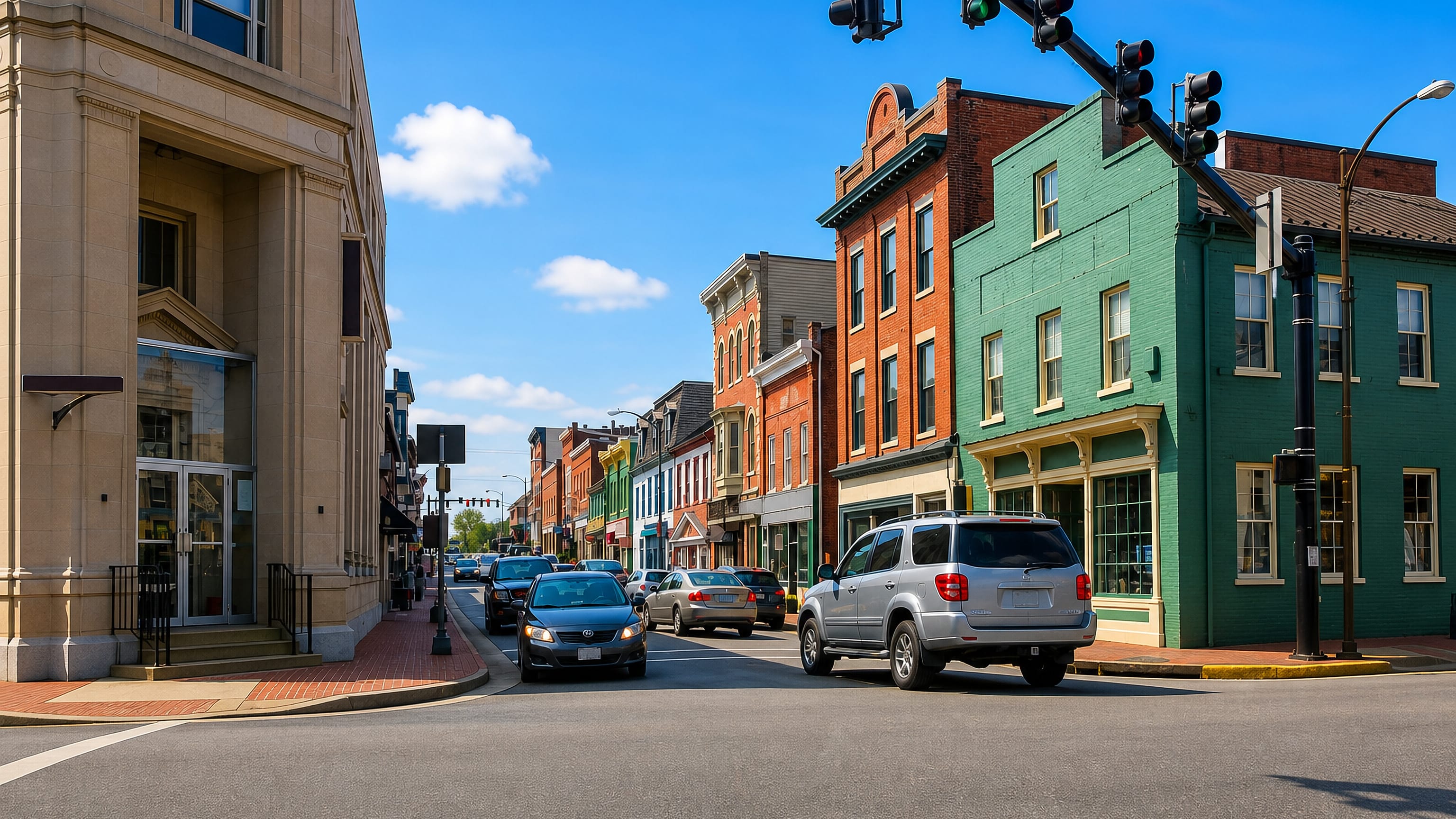 Historic downtown Leesburg, Virginia, with brick and painted storefronts along a sunny main-street corner.