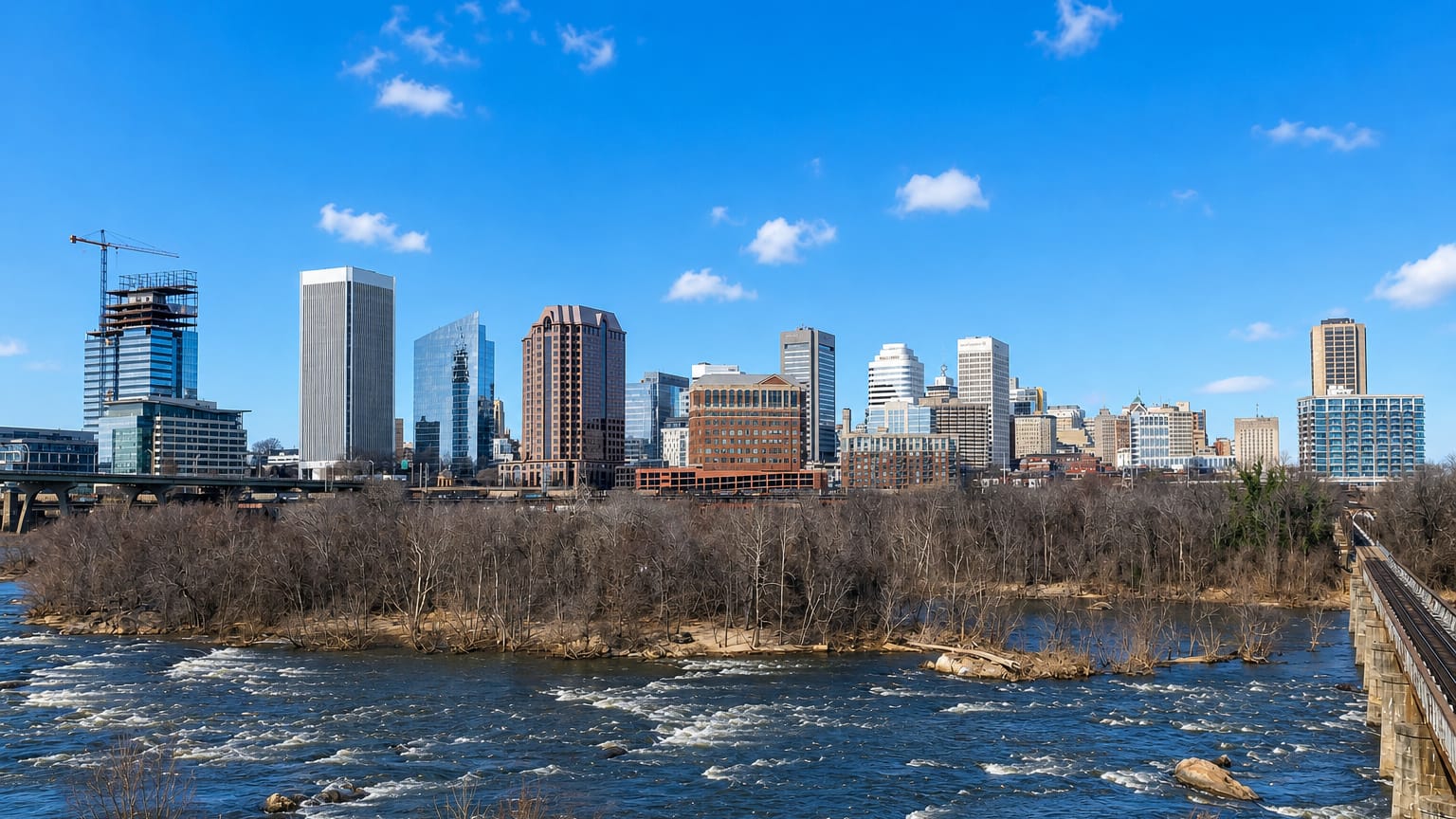 Richmond's downtown skyline rising above the James River rapids and a railroad bridge in Virginia.