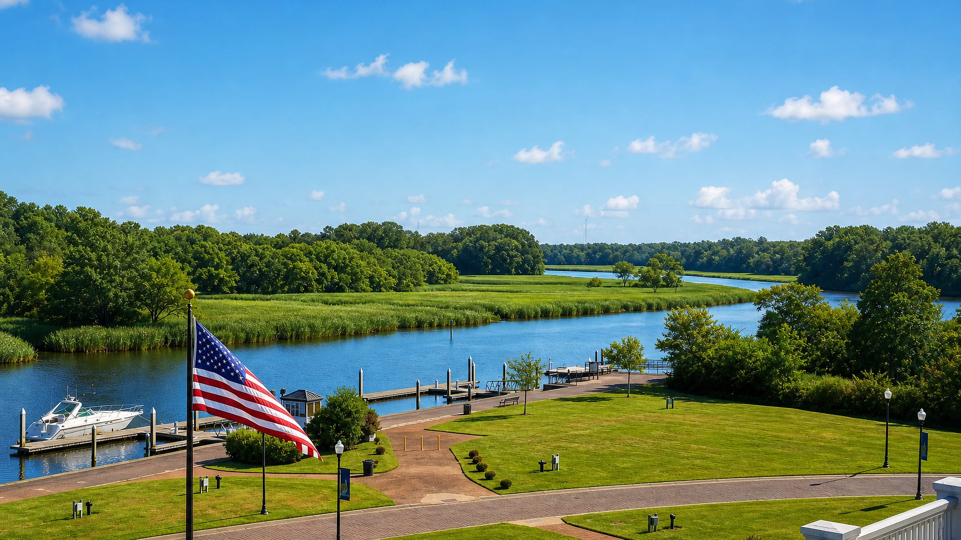Waterfront park, marina and US flag on the Nansemond River at Suffolk, Virginia.