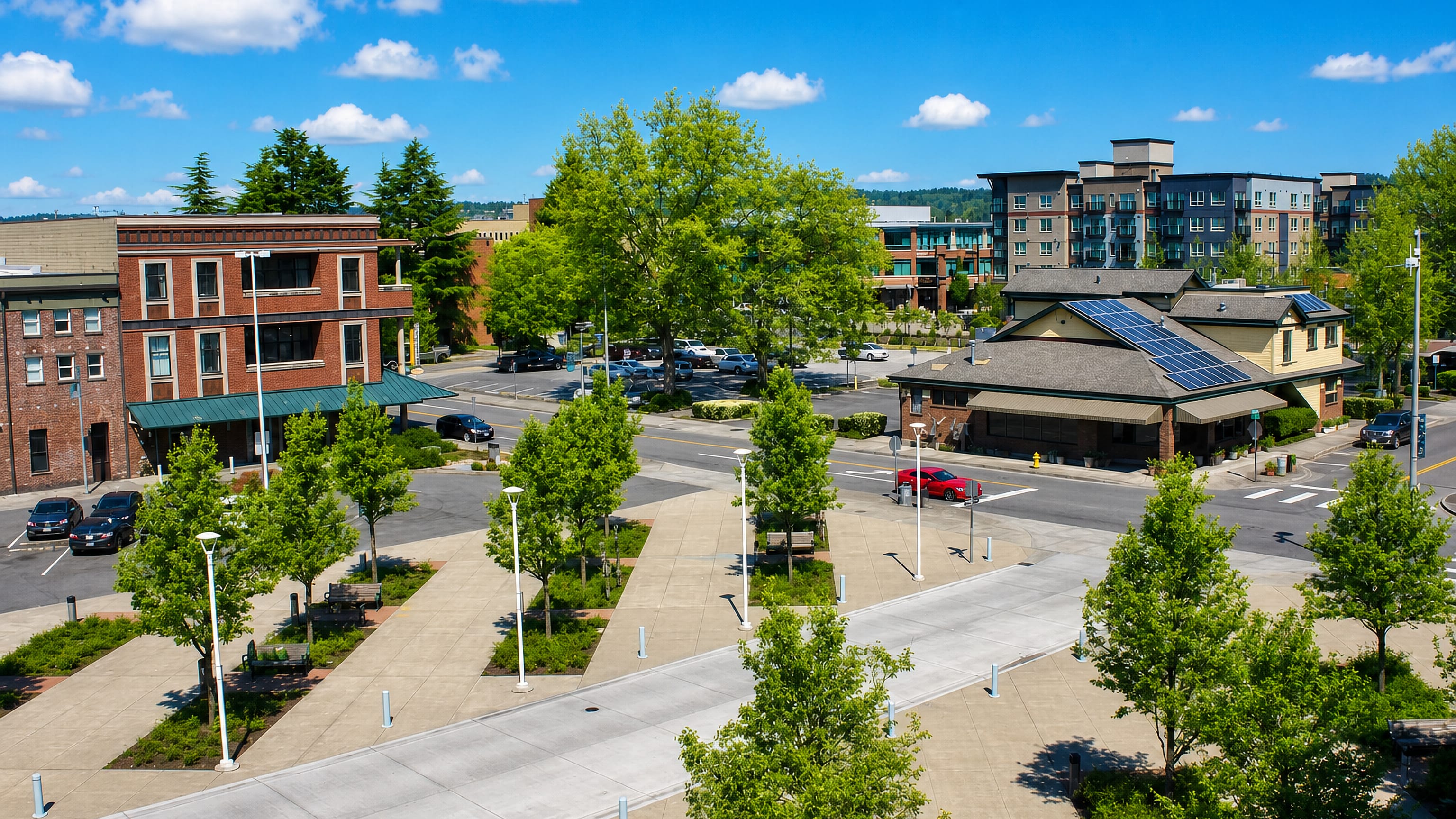 Brick storefronts, new apartments and a tree-lined civic plaza in downtown Auburn, Washington