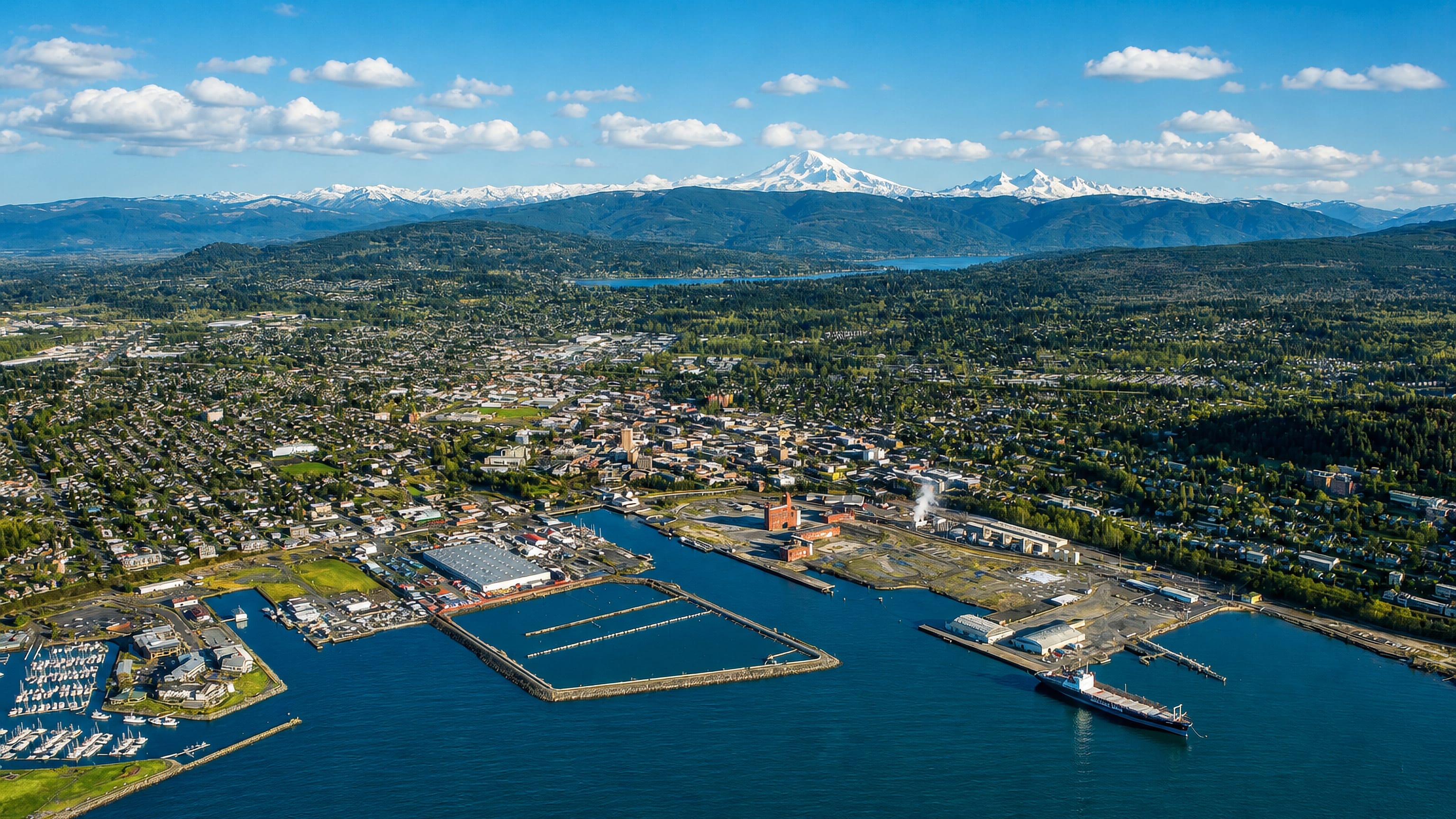 Aerial view of Bellingham's waterfront, marina and downtown on Bellingham Bay with Mount Baker beyond.