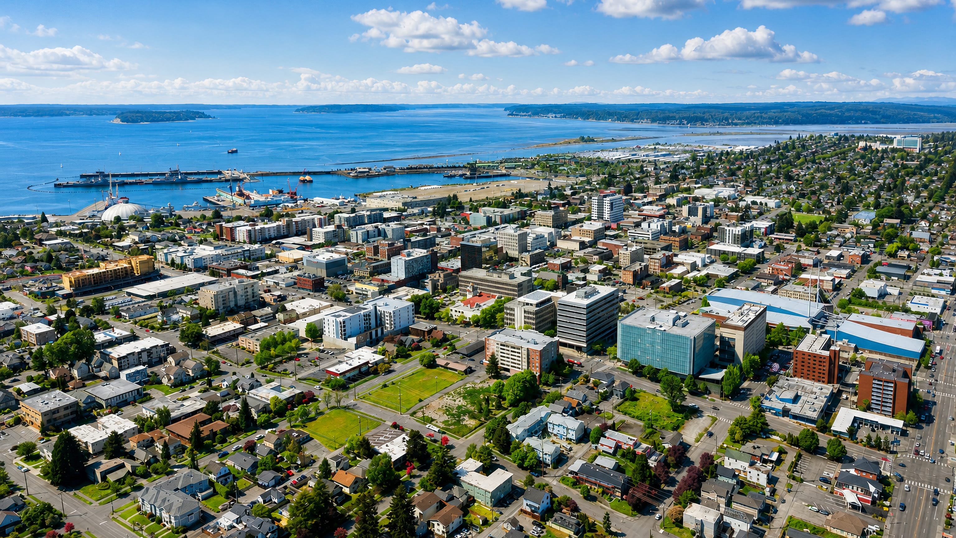 Aerial view over downtown Everett, Washington, with Port Gardner Bay, the naval pier and marina beyond.