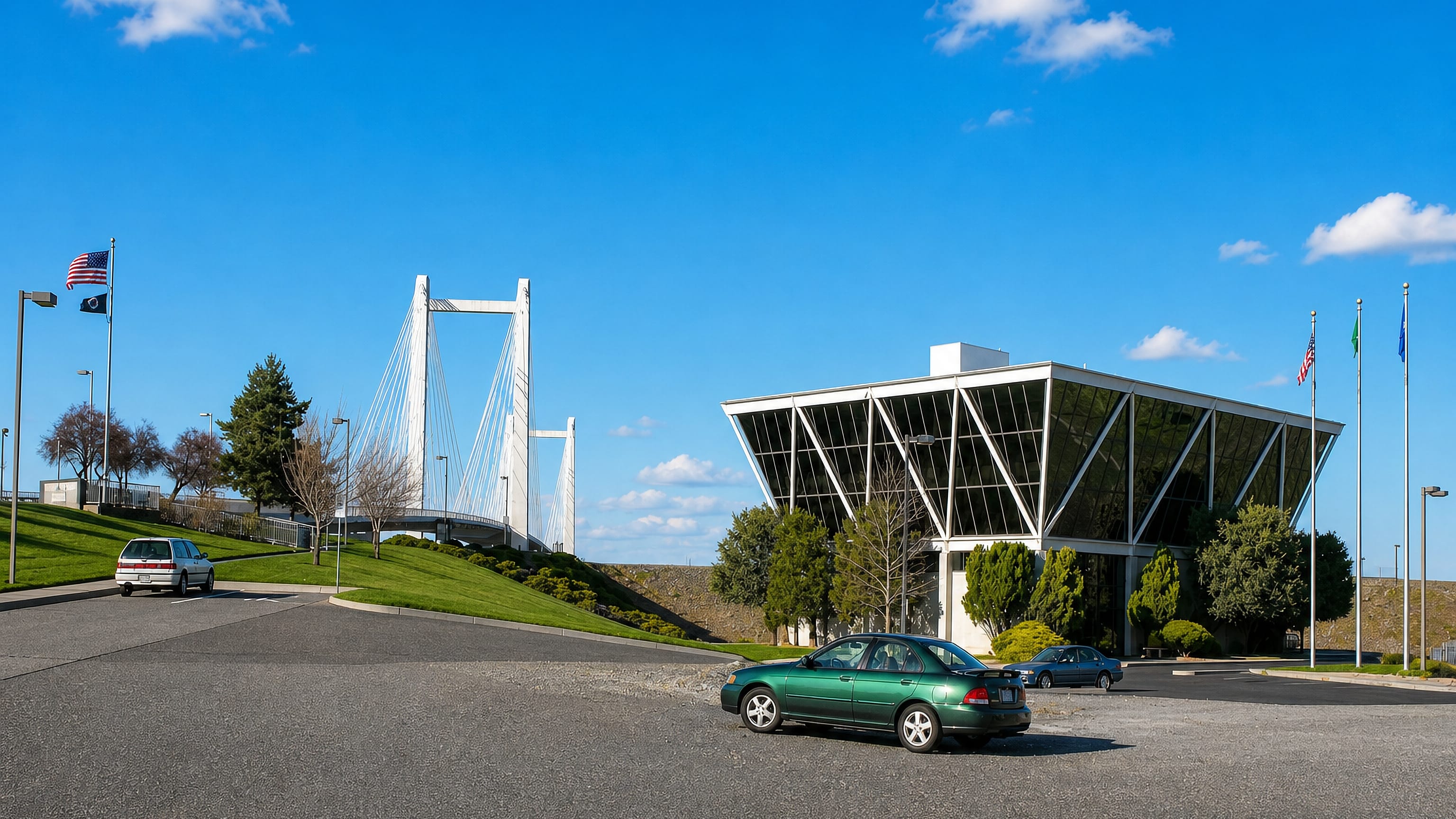The Cable Bridge over the Columbia River rising beyond a glass-fronted office building in Kennewick, Washington.