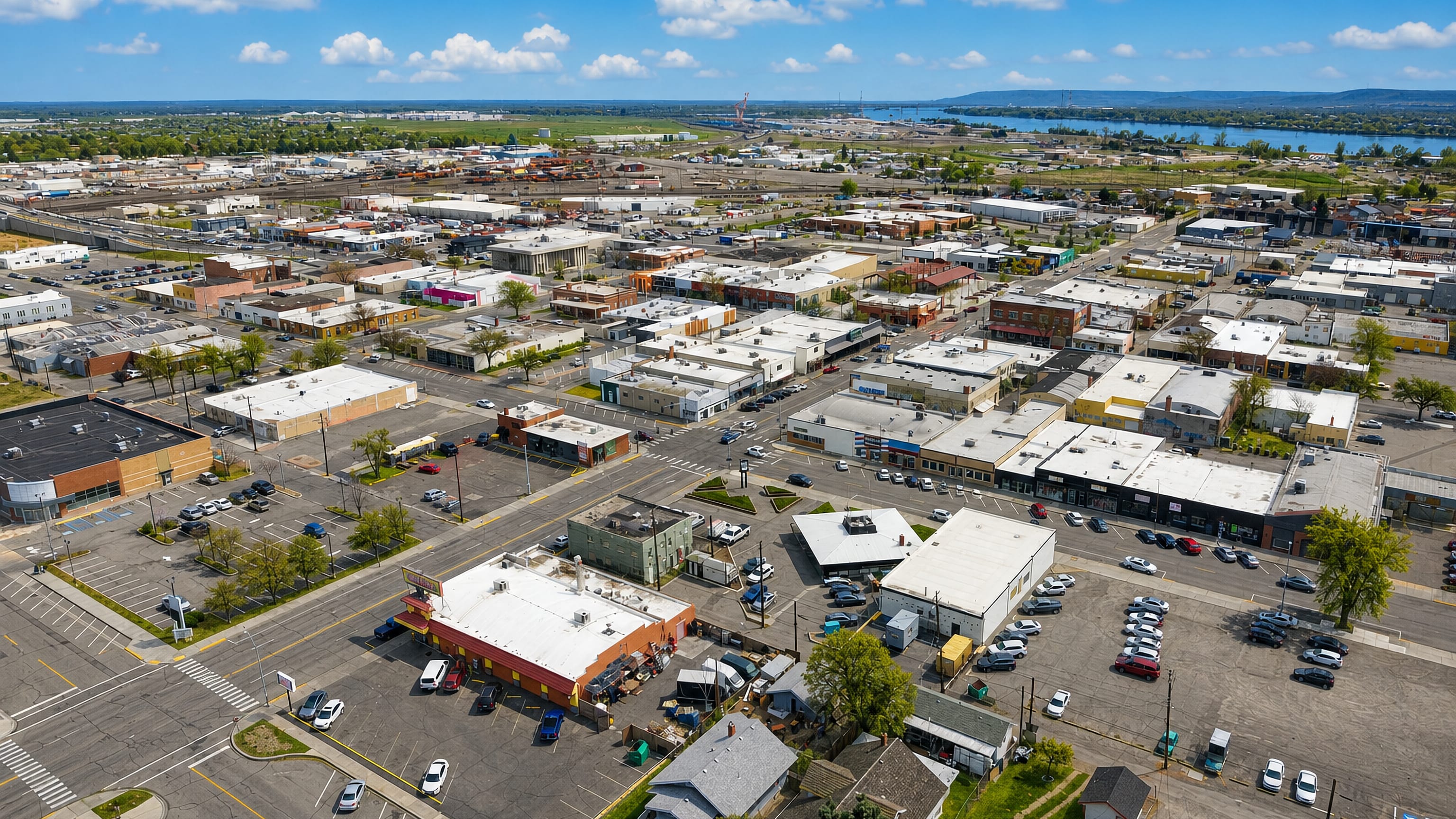 Aerial view over downtown Pasco, Washington, toward the Columbia River and its bridge.