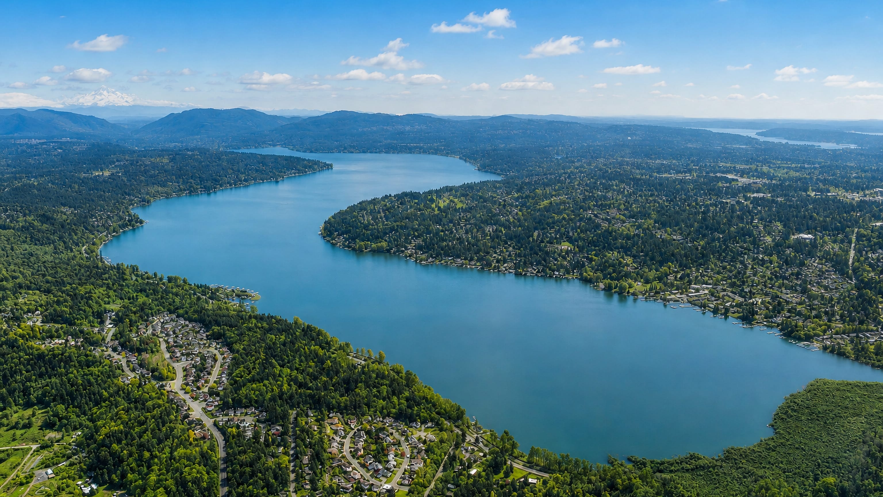 Aerial view of Lake Sammamish and the wooded neighbourhoods of Sammamish, Washington, with Mount Rainier beyond