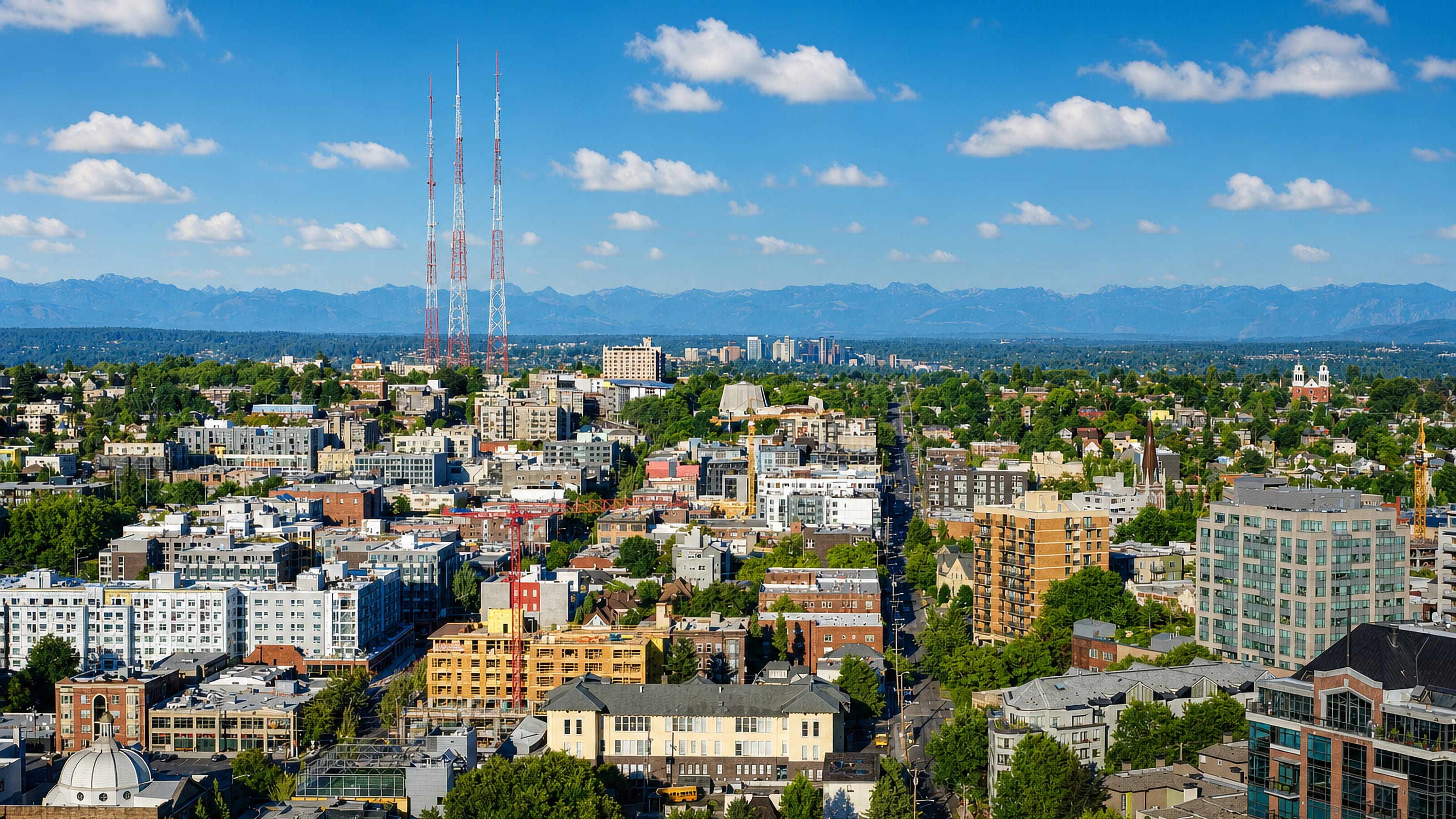 Capitol Hill's apartment blocks and broadcast towers in Seattle, with the Cascade Range on the horizon.
