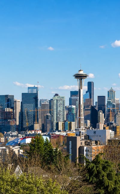 Seattle skyline with the Space Needle, downtown towers and Mount Rainier seen from Kerry Park
