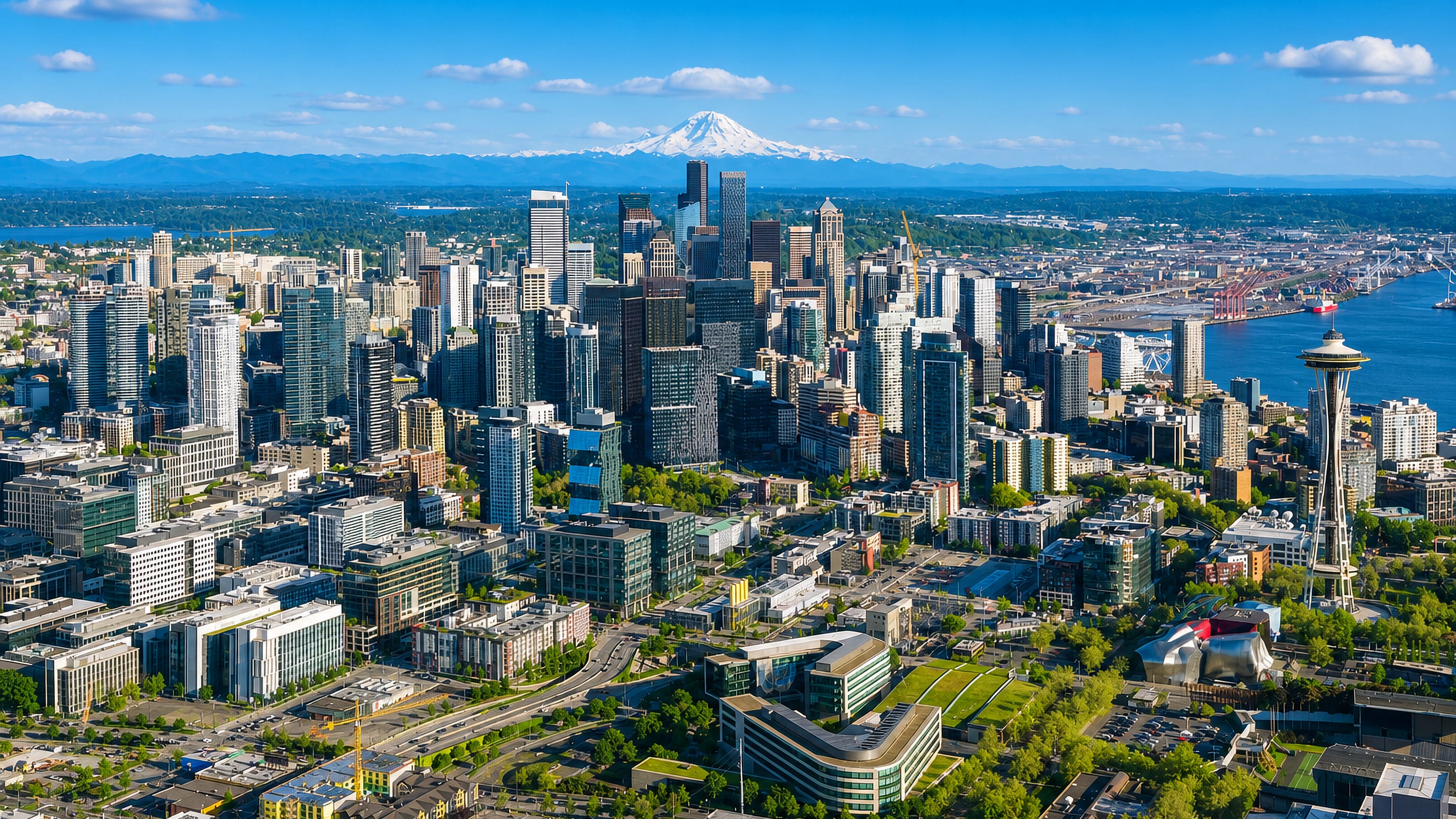 Downtown Seattle skyline with the Space Needle and Mount Rainier rising beyond high-rise towers and Elliott Bay.