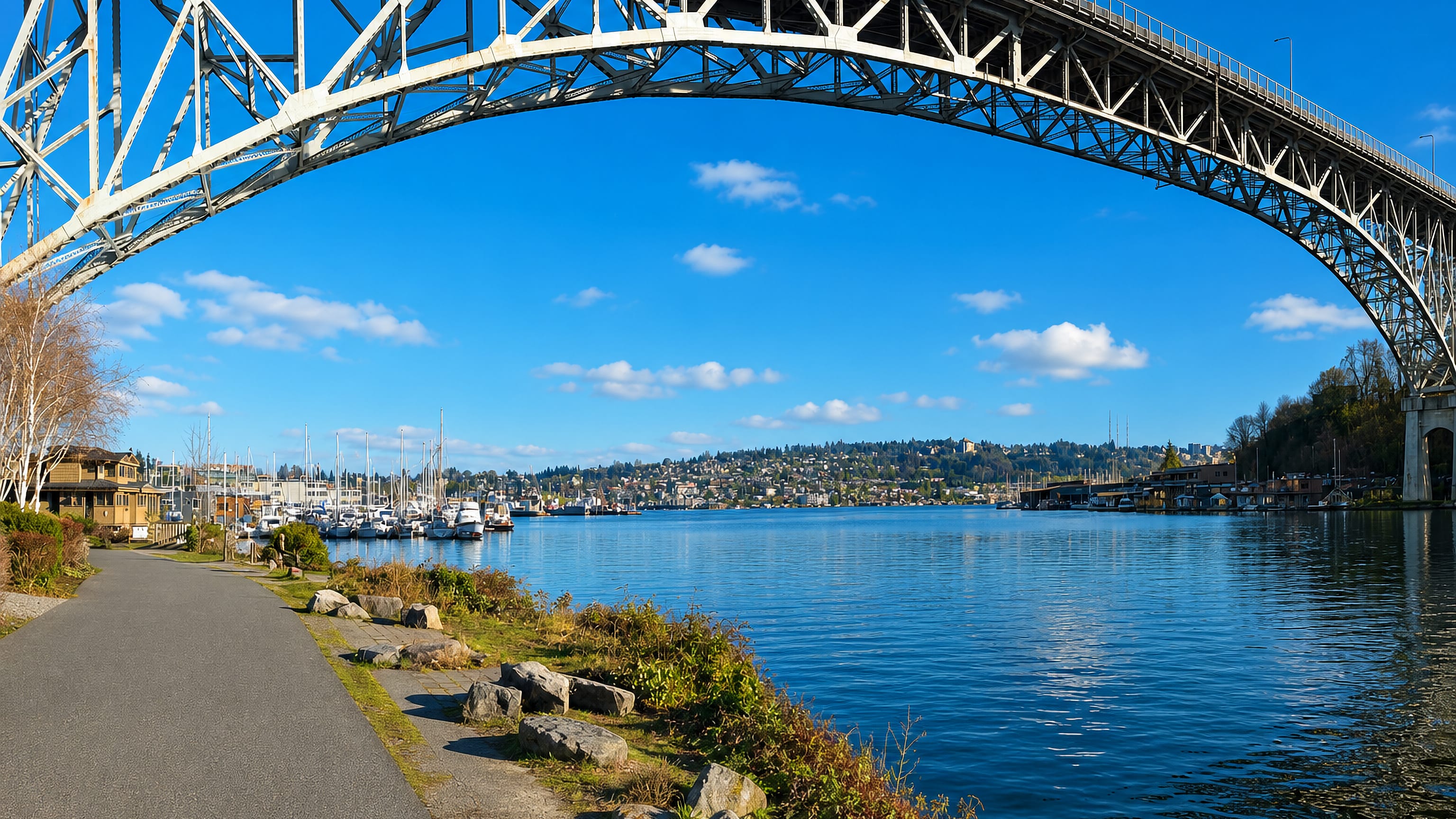 The steel arch bridge over Seattle's ship canal at Fremont, with a marina and hillside homes across the water.