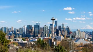 Seattle skyline with the Space Needle, downtown towers and Mount Rainier seen from Kerry Park
