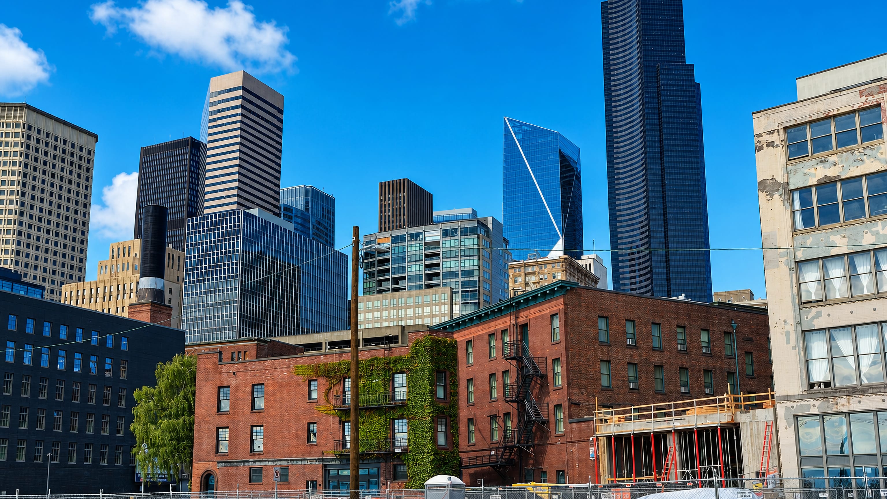 Historic brick warehouses of Pioneer Square, Seattle, below the downtown towers.