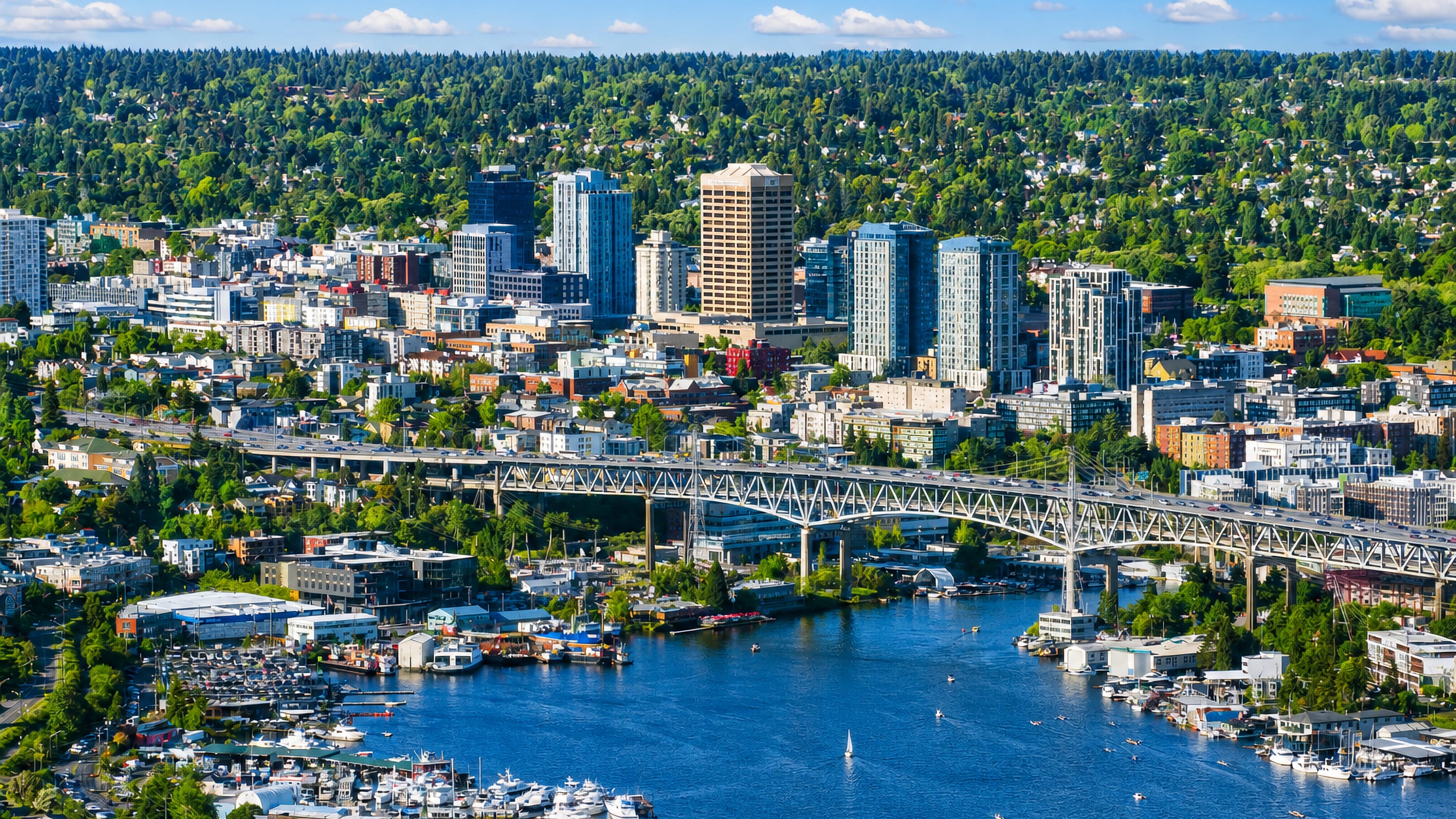 Truss bridge over Portage Bay with the University District's towers, marina and hillside homes, Seattle