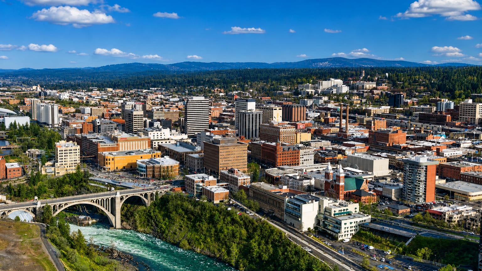 Aerial view of downtown Spokane, Washington with the Spokane River and the arched Monroe Street Bridge.