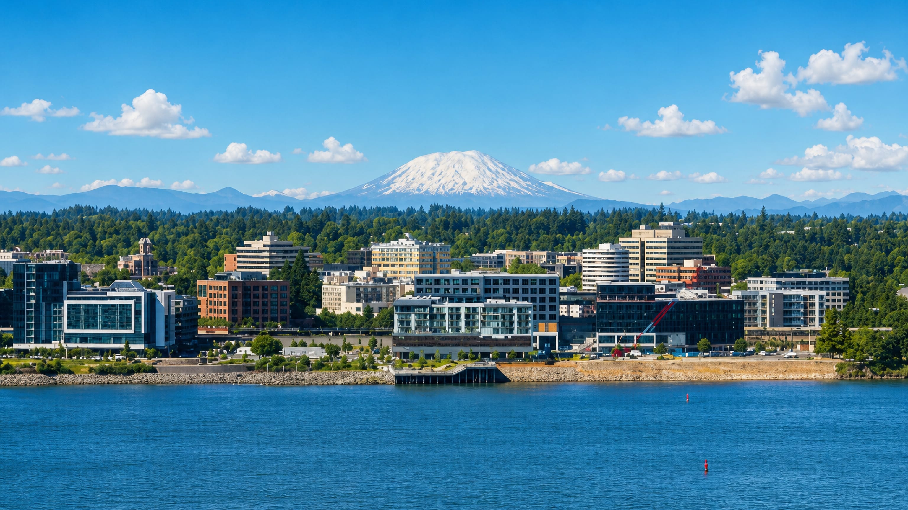 Vancouver, Washington's Columbia River waterfront district backed by forest and a snow-capped Cascade volcano.