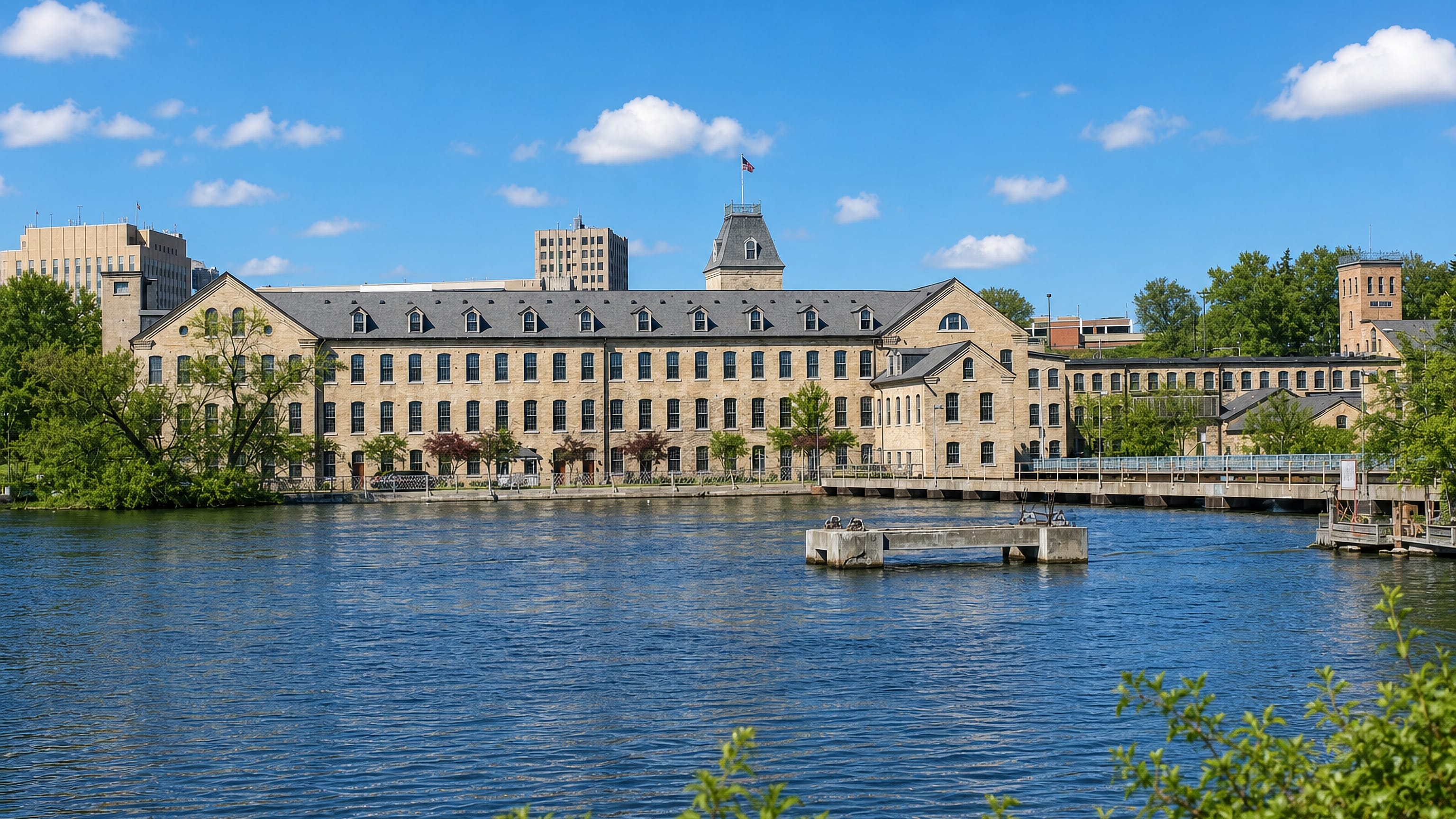 A historic stone mill building along the Fox River at Appleton, Wisconsin, under a clear blue sky