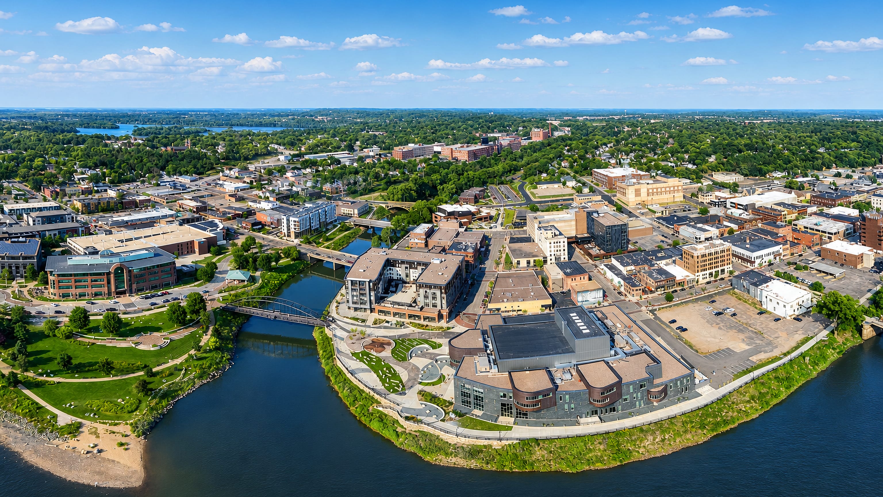Aerial view of downtown Eau Claire, Wisconsin, at the confluence of the Chippewa and Eau Claire rivers.
