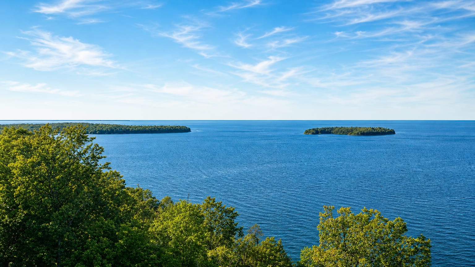 Wooded islands in the blue waters of Green Bay seen through foreground trees, Wisconsin.