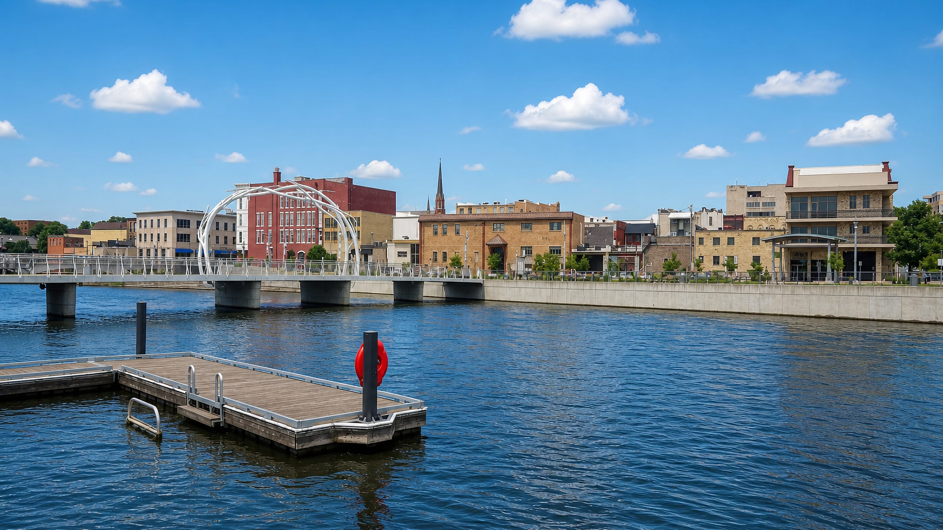 Downtown Janesville, Wisconsin, along the Rock River with its white arched pedestrian bridge and brick storefronts.