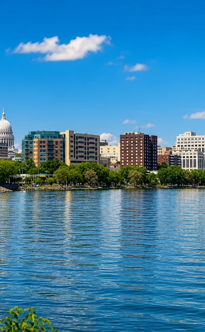 Madison, Wisconsin lakefront skyline with the domed Wisconsin State Capitol and Monona Terrace