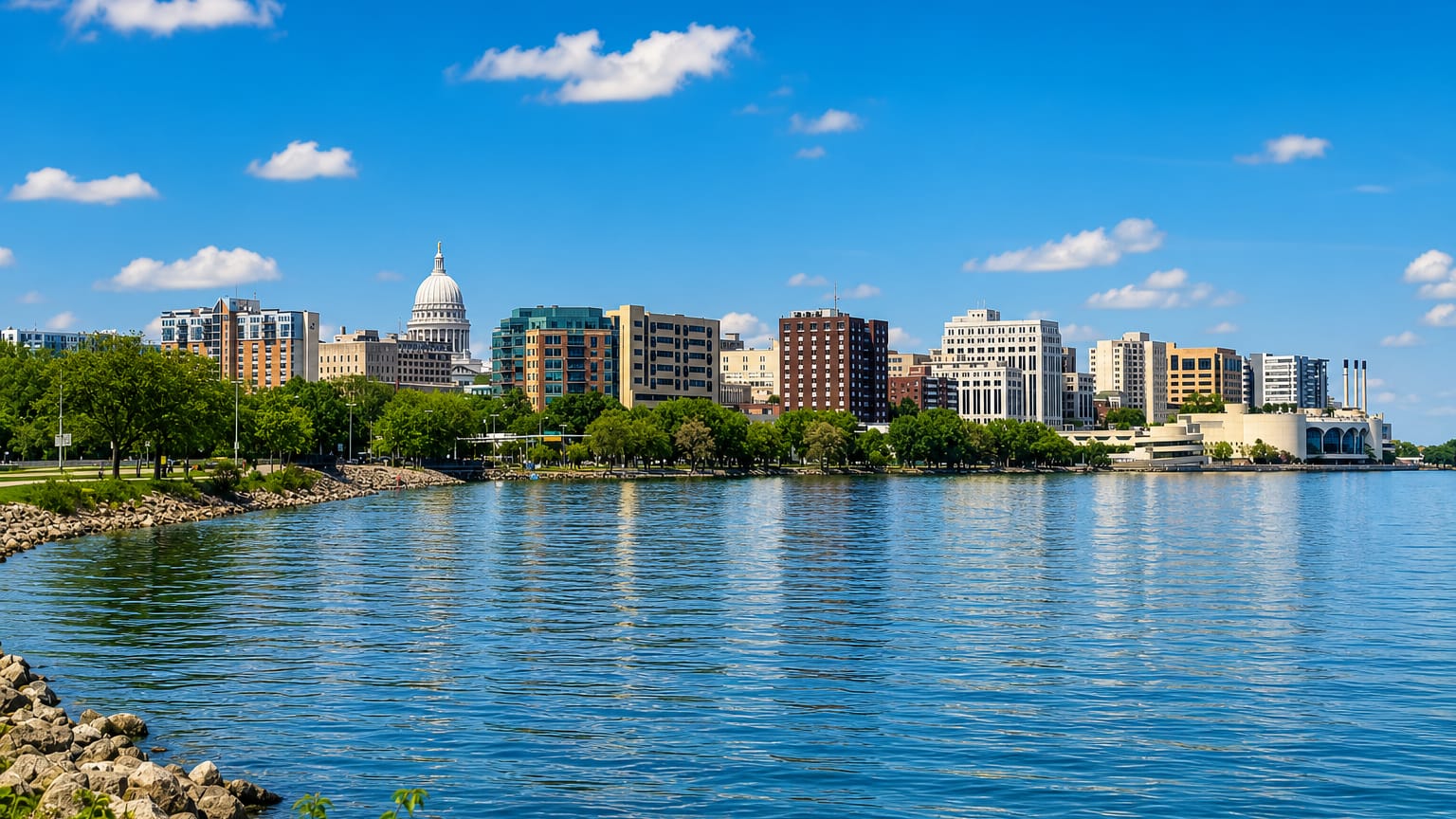 Madison, Wisconsin lakefront skyline with the domed Wisconsin State Capitol and Monona Terrace