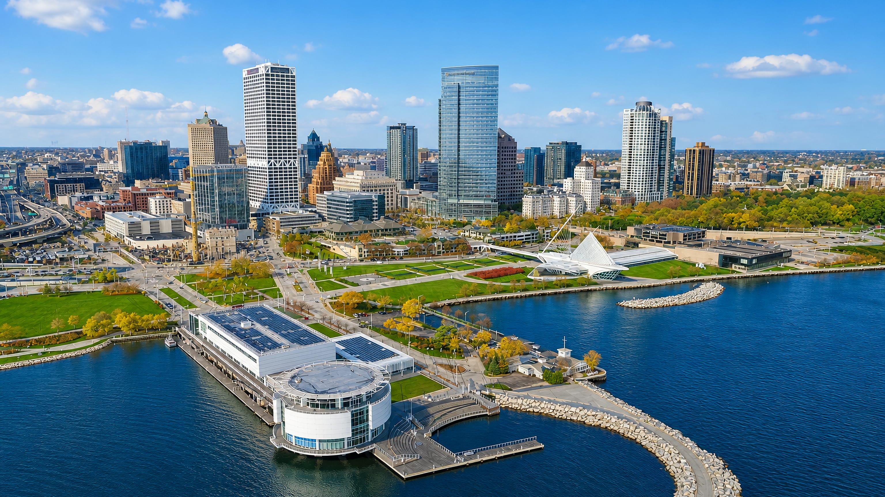 Aerial view of the Milwaukee lakefront with the white Milwaukee Art Museum pavilion and downtown skyline.