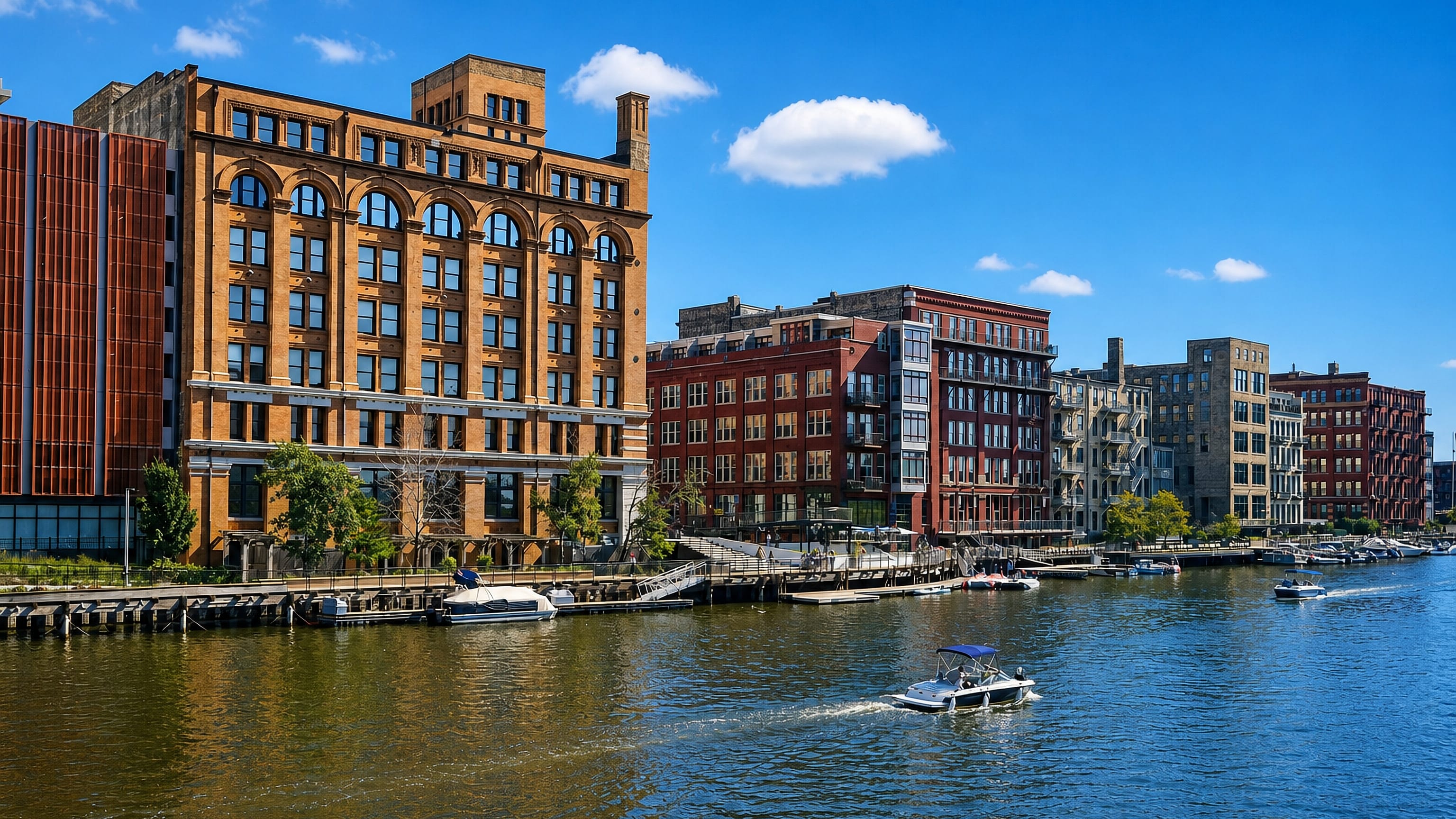 Brick warehouse blocks and the Riverwalk lining the Milwaukee River in the Historic Third Ward.