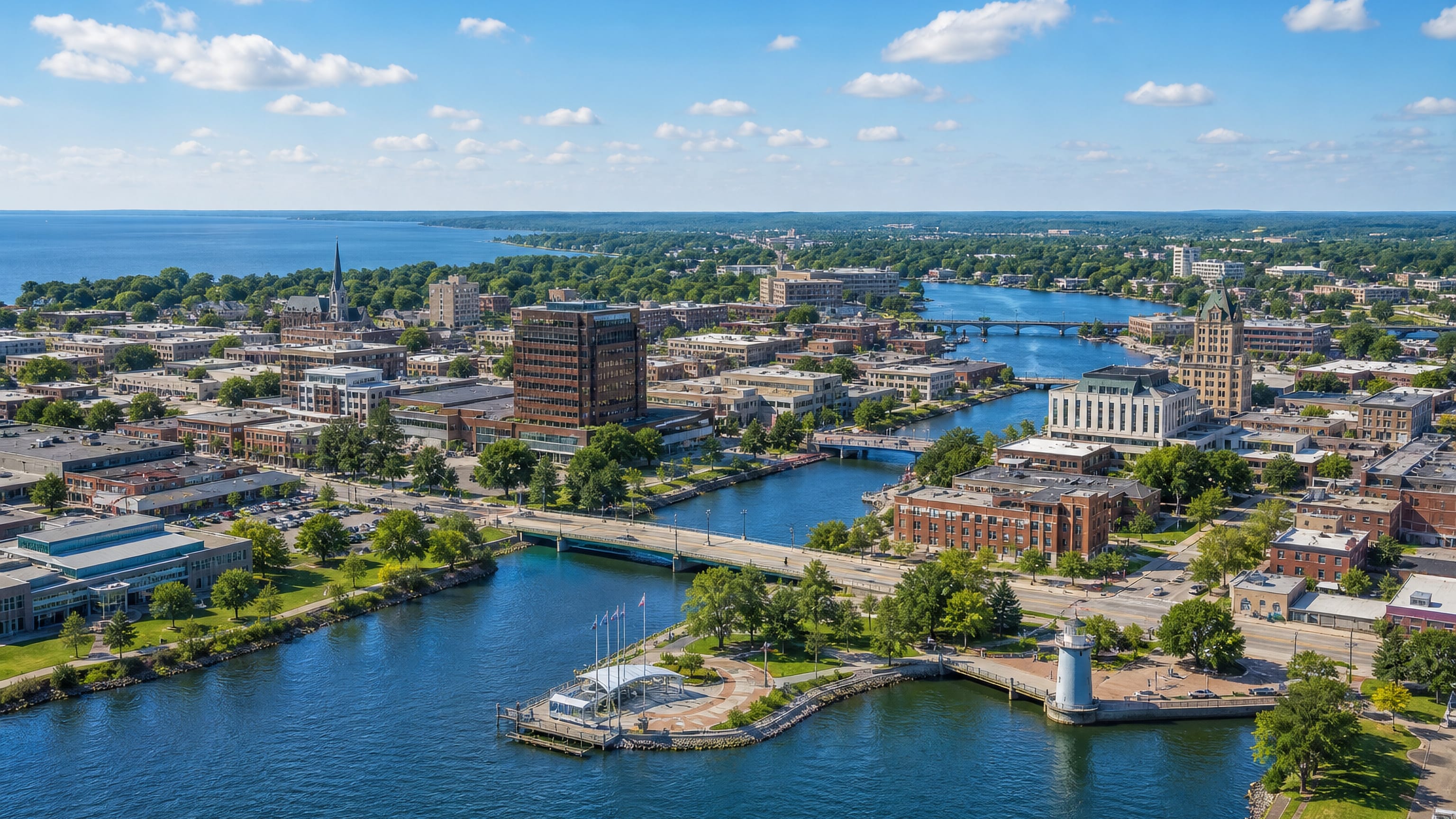 Downtown Oshkosh, Wisconsin, where the Fox River meets Lake Winnebago at the riverfront lighthouse.