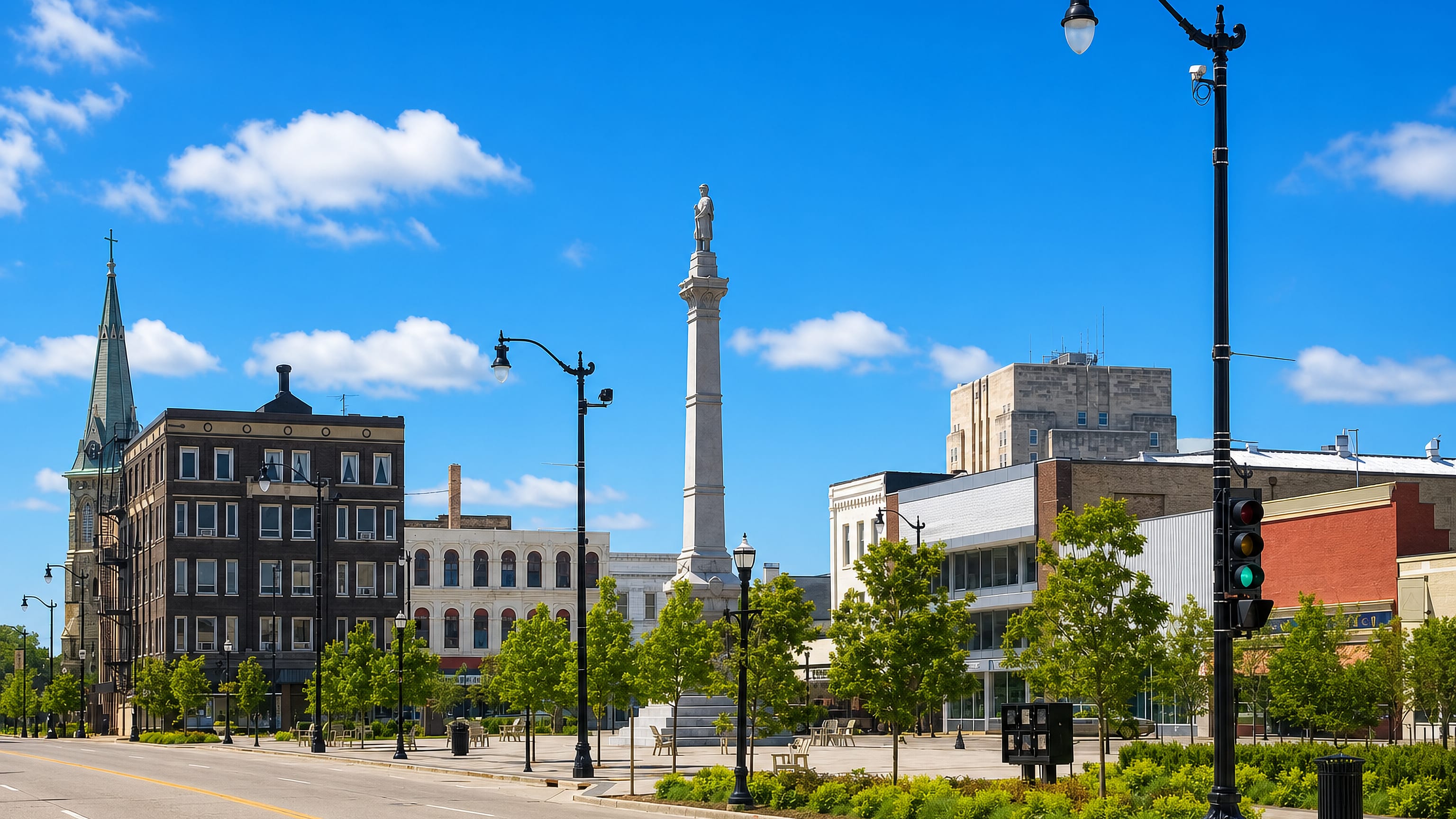 Civil War soldiers' monument and historic downtown storefronts on Monument Square in Racine, Wisconsin.