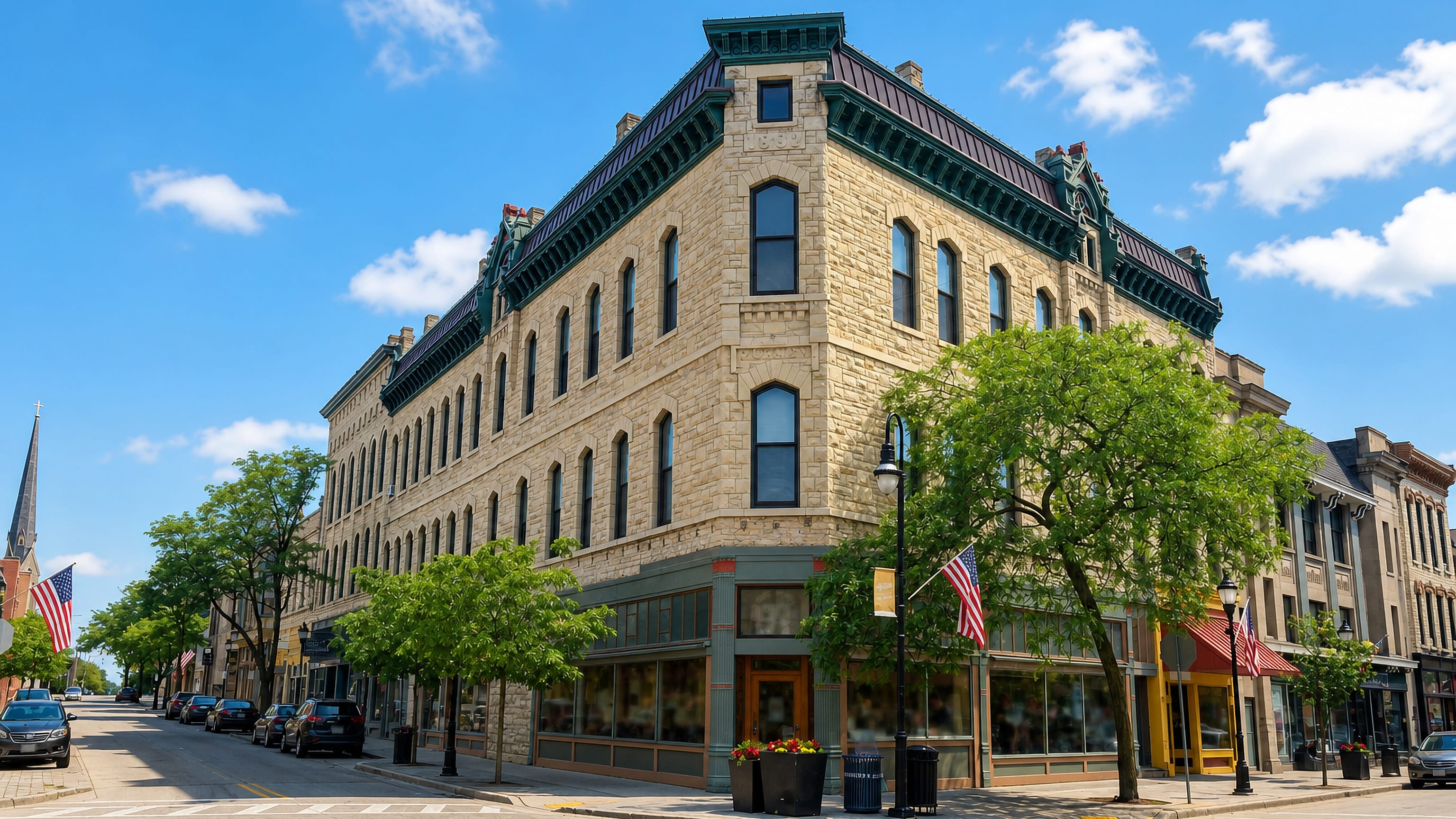 Limestone Victorian corner block with American flags on a downtown street in Waukesha, Wisconsin.