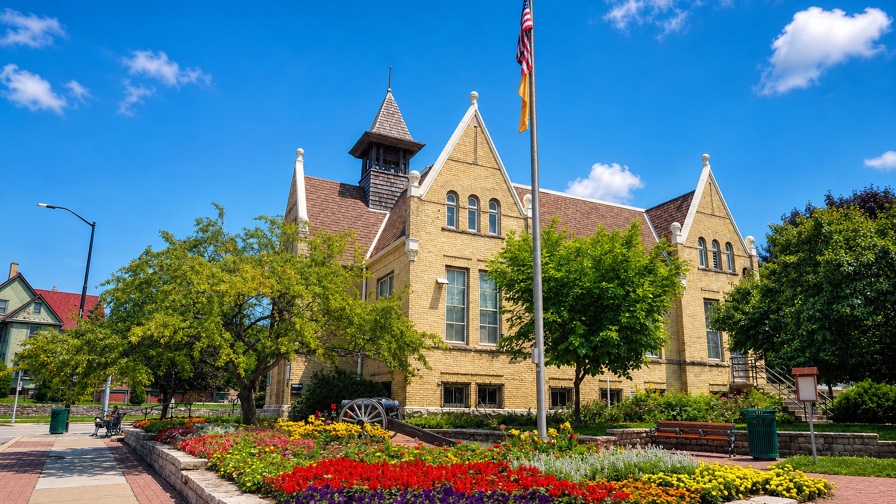 Cream-brick Victorian civic building with a flagpole and flower bed in a small park in West Allis, Wisconsin.