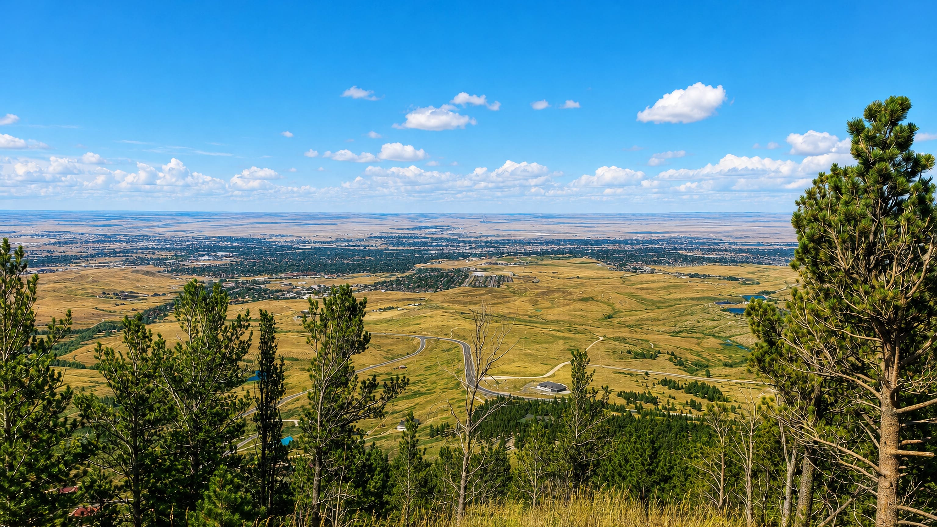 Casper, Wyoming spread across the high plains, seen from the pine slopes of Casper Mountain